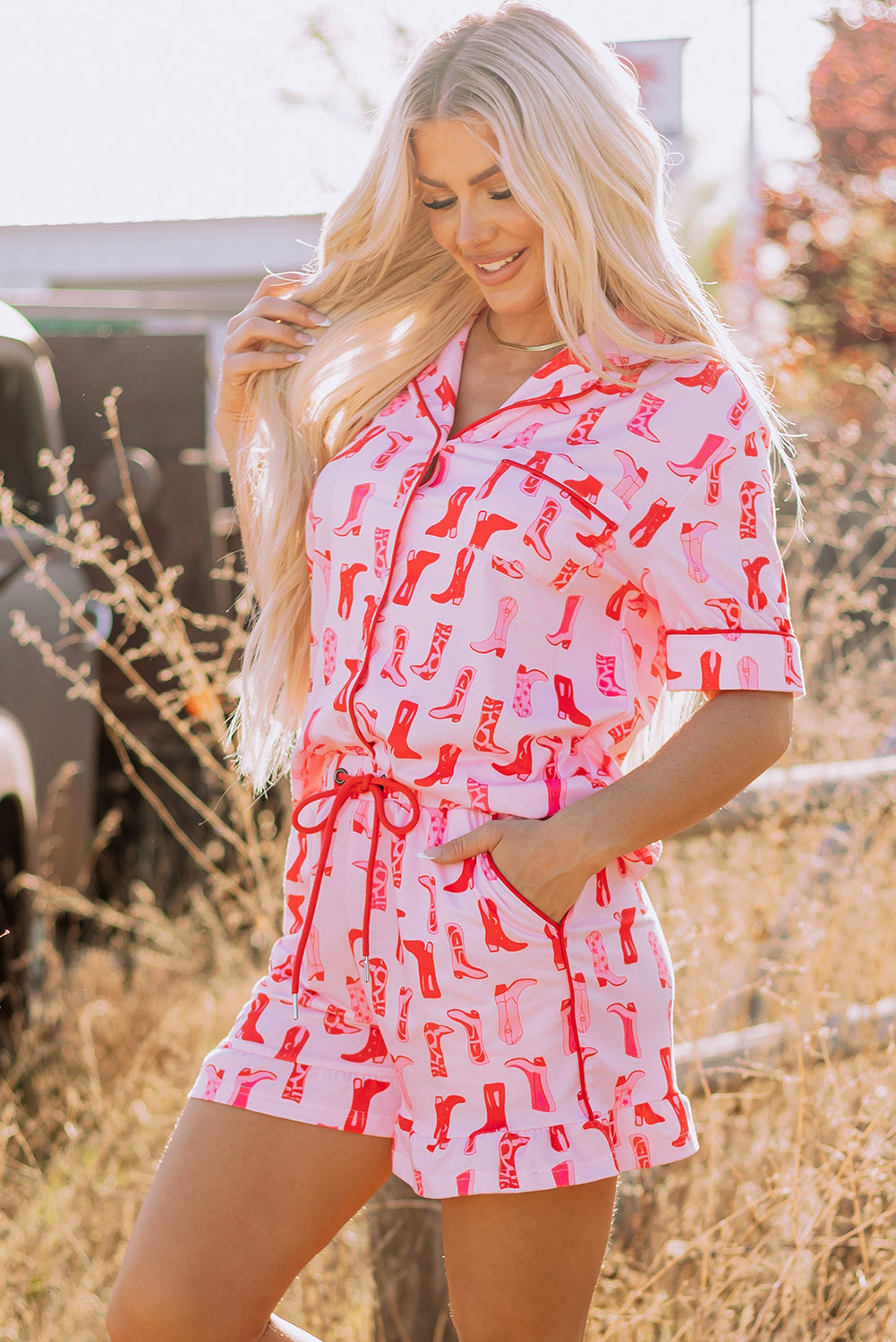 Pink Western Cowgirl Boots Printed Shirt Ruffled Shorts Pyjama Set eAura