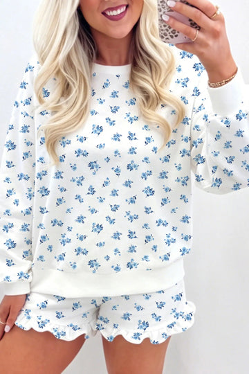 Floral Print Long Sleeve Top Elastic Waist Ruffle Hem Shorts 2pcs Set – Sky Blue