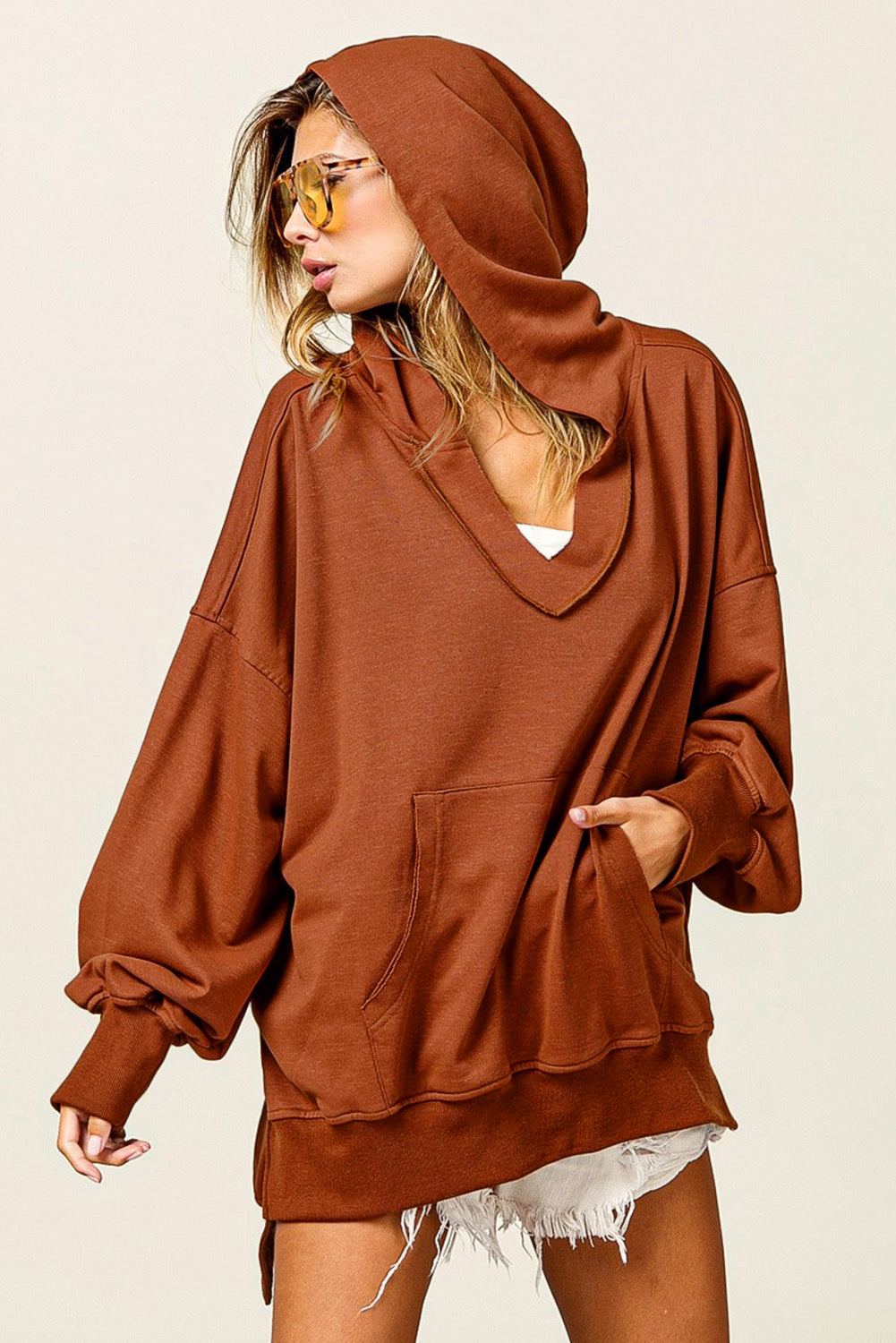 Chestnut V Neck Kangaroo Pocket Oversized Hoodie eAura