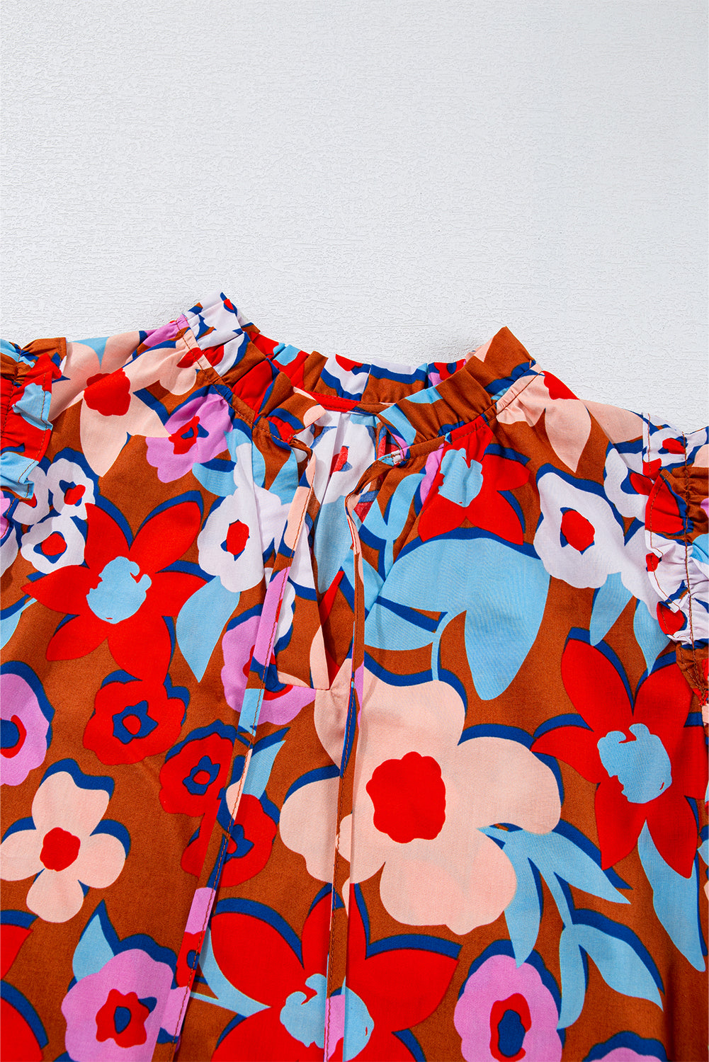 Brown Flower Print Self Tie Frilled Collar Puff Sleeve Blouse eAura