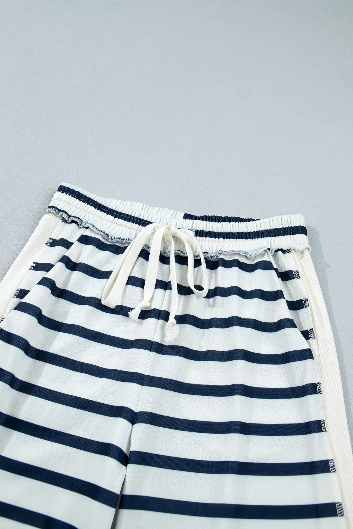 Striped Ribbed Cuff Collar Pocket Loose Pant Set – Blue Stripe