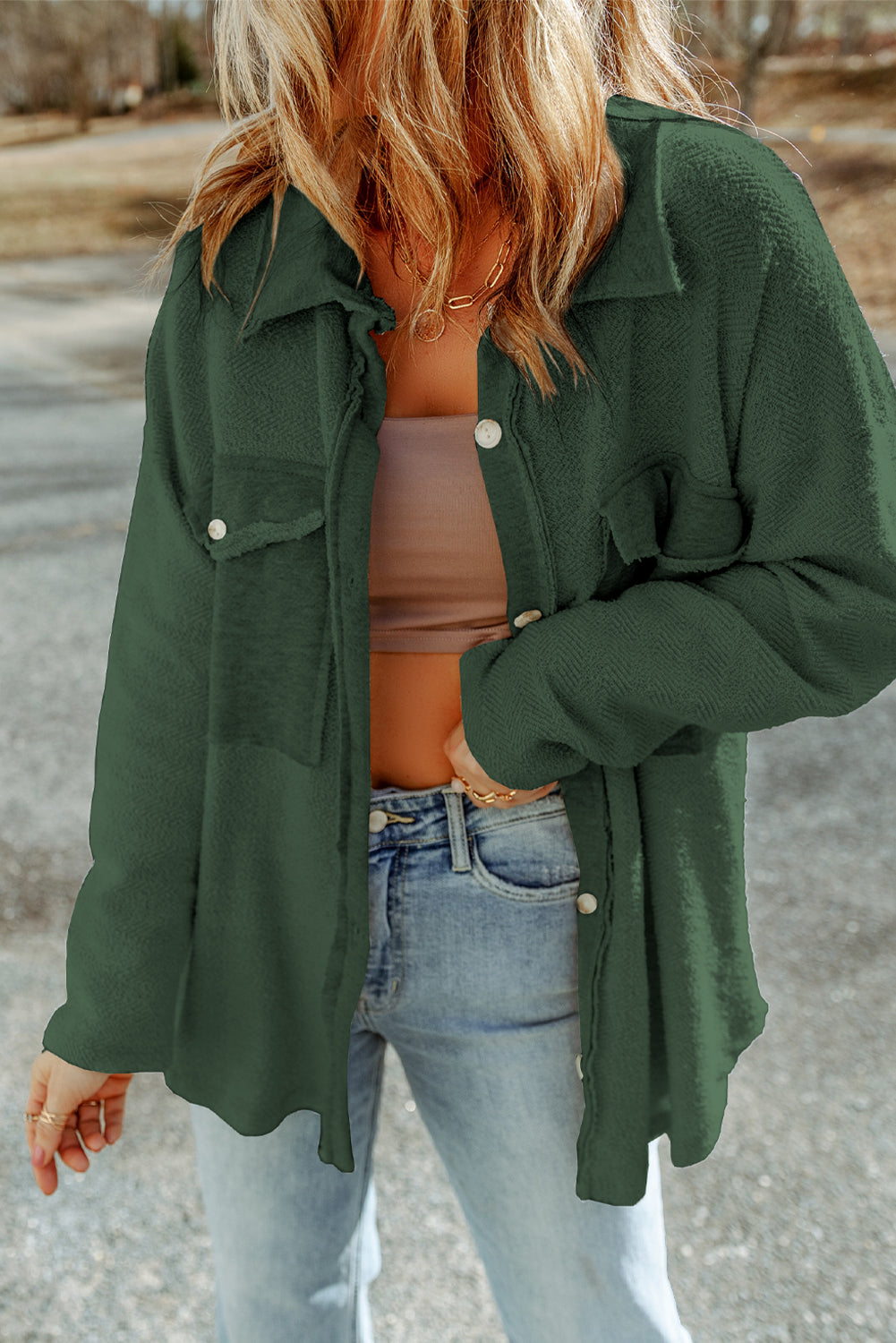 Grey Contrast Flap Pockets Relaxed Shacket Beagle Boutique Fashion Outlet