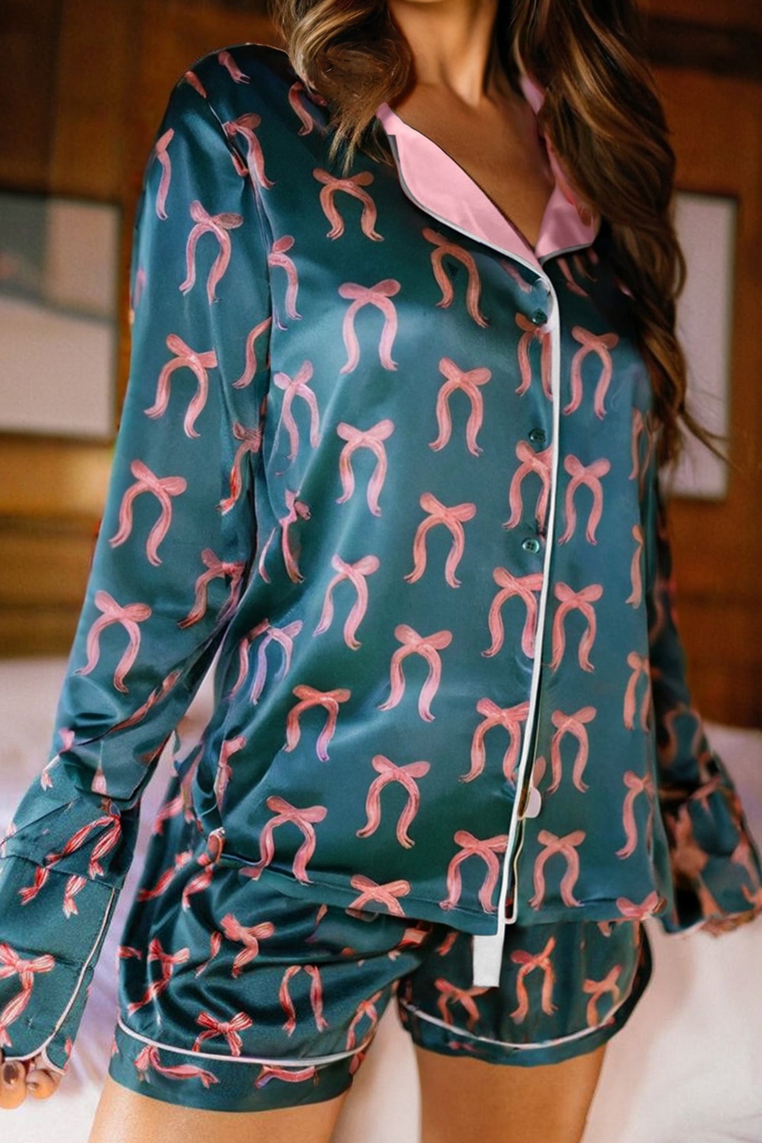 Green Ribbon Bow Print Long Sleeve Shirt and Shorts Pyjama Set - eAura