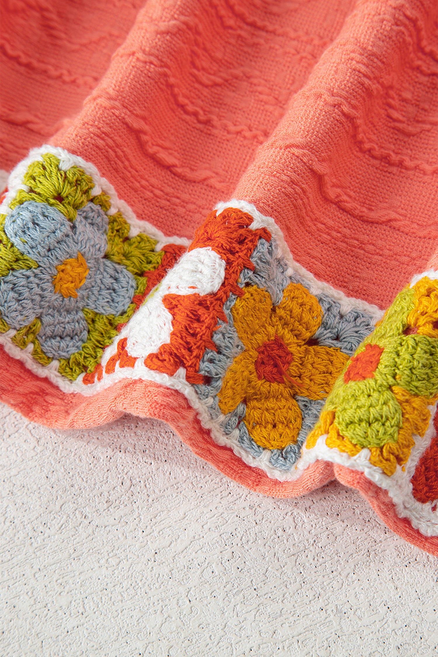 Orange Crochet Floral Accent V-Neck Textured Trouser Set - Two Piece Sets/Pant Sets