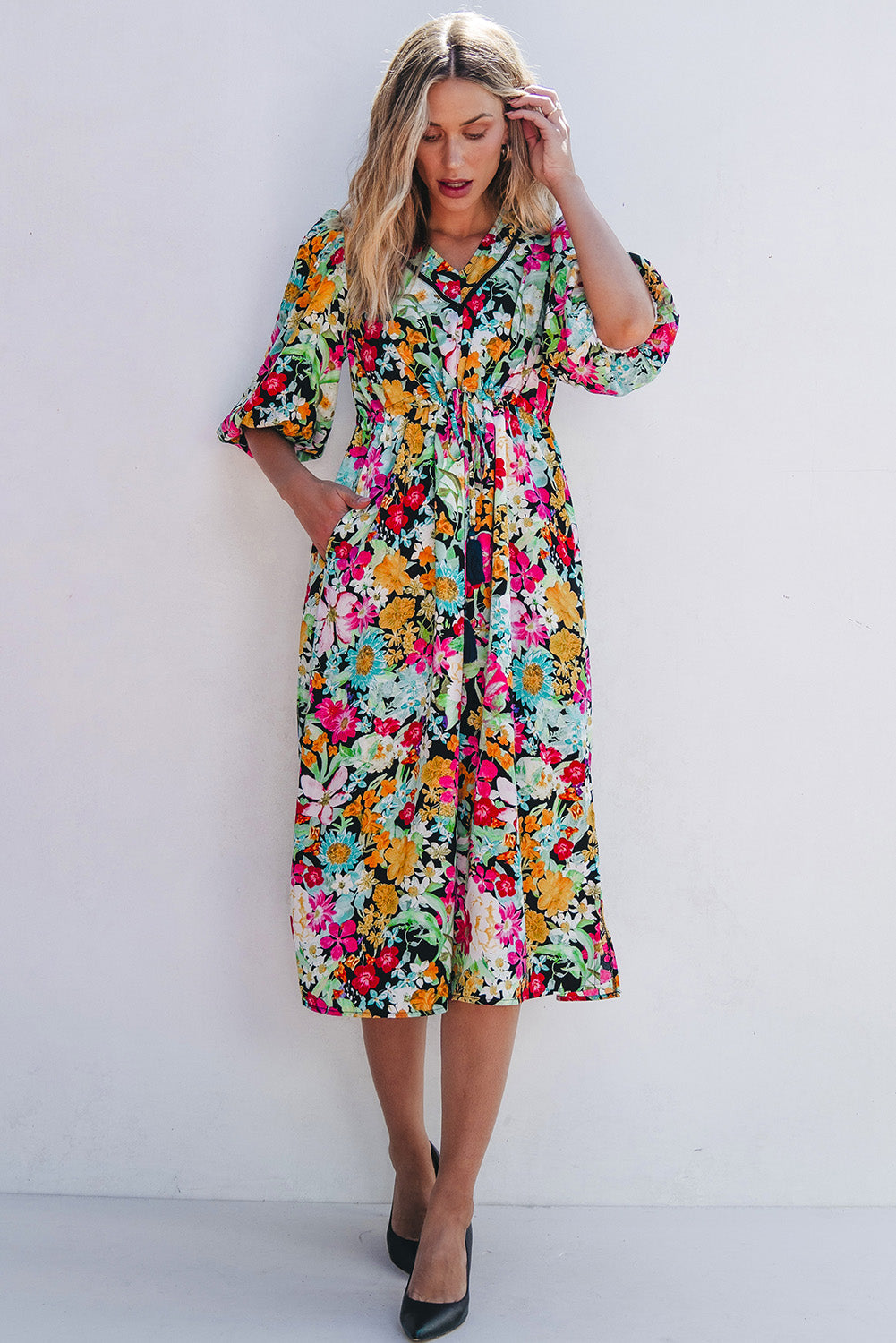 Green Floral Puff Sleeve V Neck Tassel Drawstring Dress eAura