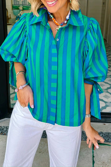 Tie Puff Sleeve Button Down Shirt – Blue Stripe