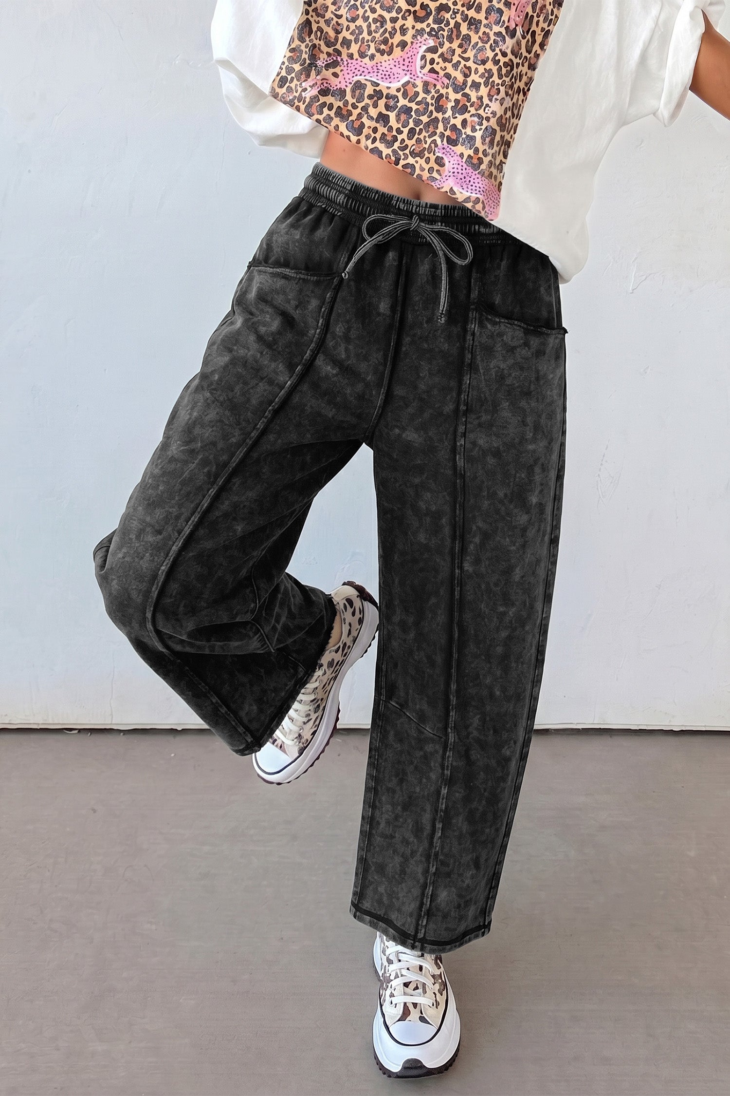Mineral Wash Raw Seam Drawstring Elastic Waist Barrel Pants – Black