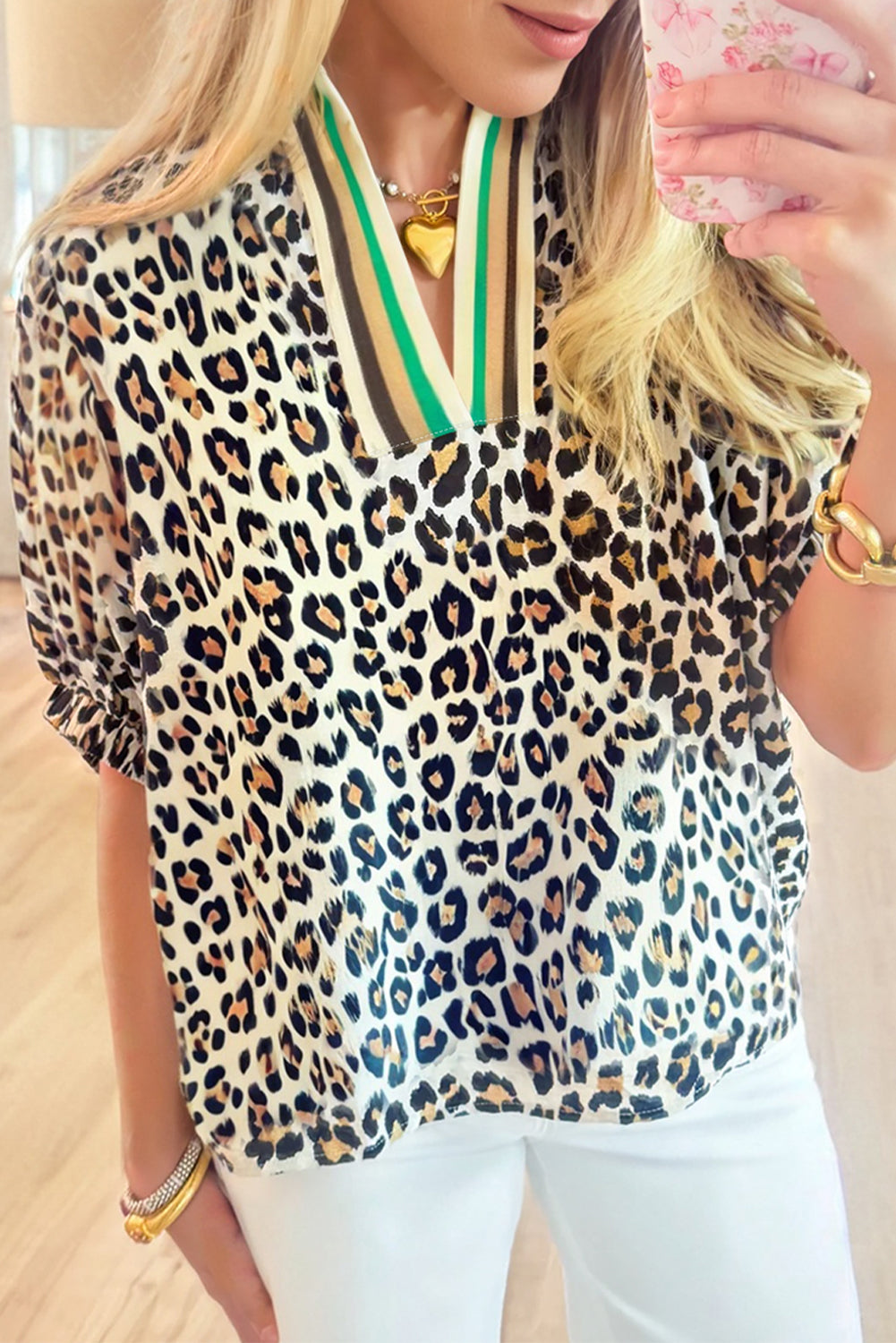 Leopard Contrast Striped V-Neck Loose Fit Blouse - eAura