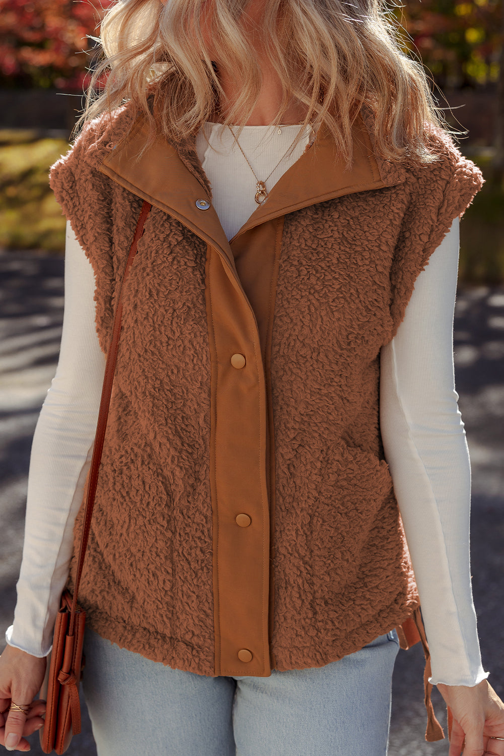 Faux Fur Snap Button Front Vest Vest with Pockets - eAura