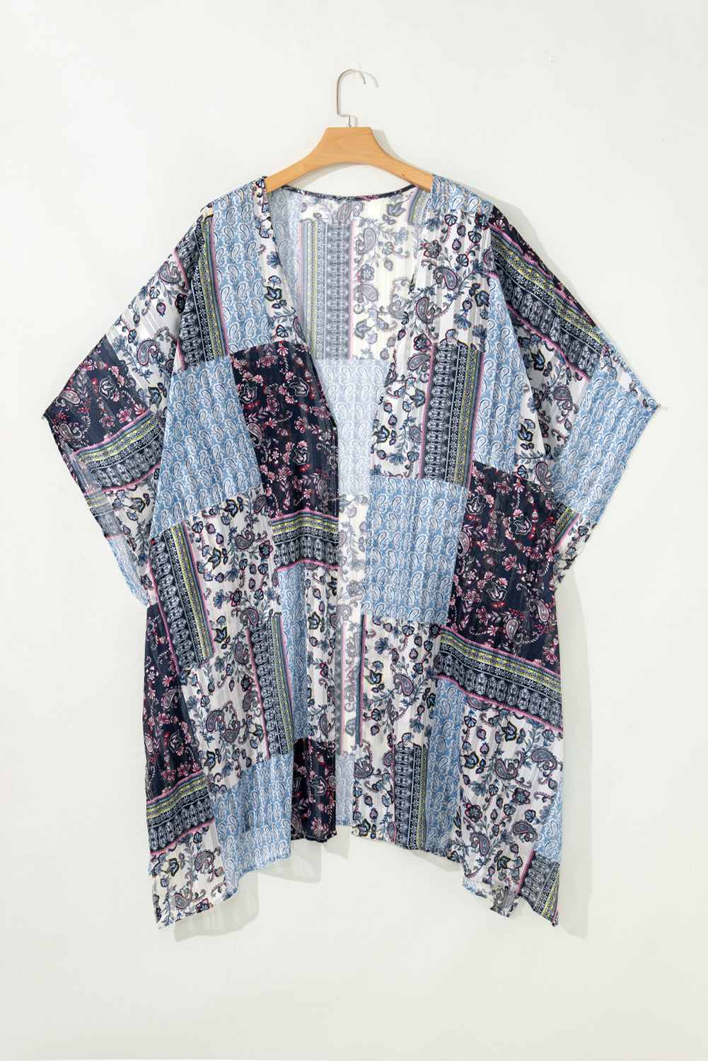 Retro Floral Print Long Loose Open Front Kimono – Blue
