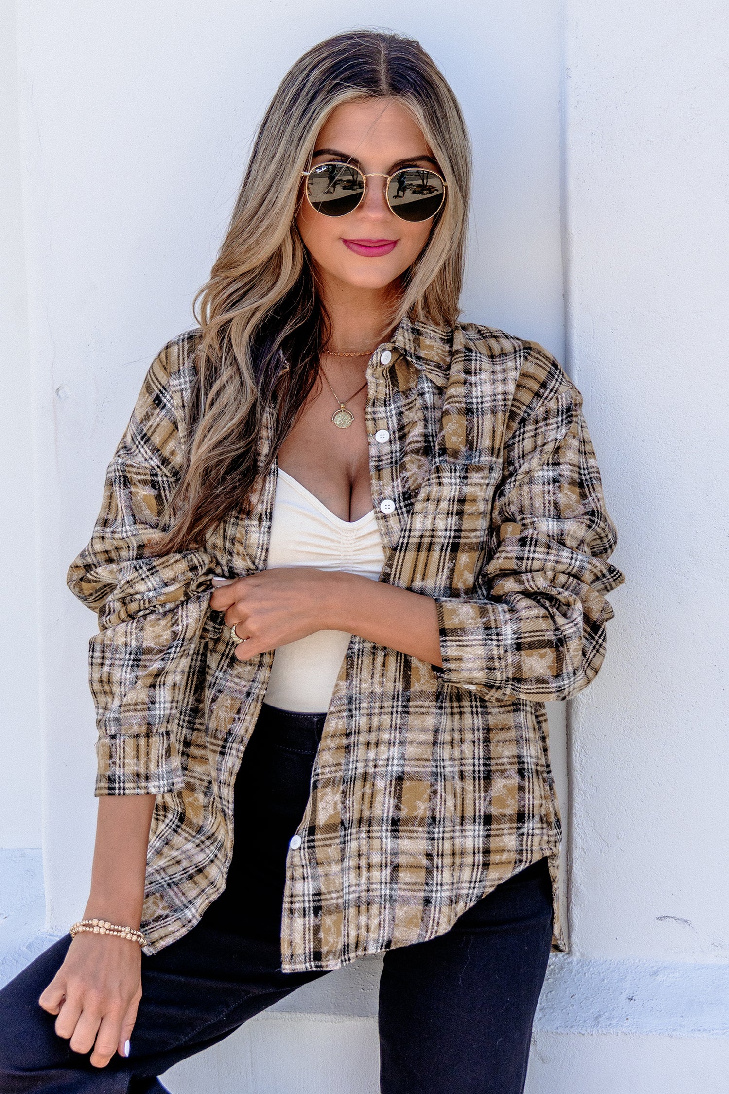 Retro Plaid Long Sleeve Button Down Shirt – Brown