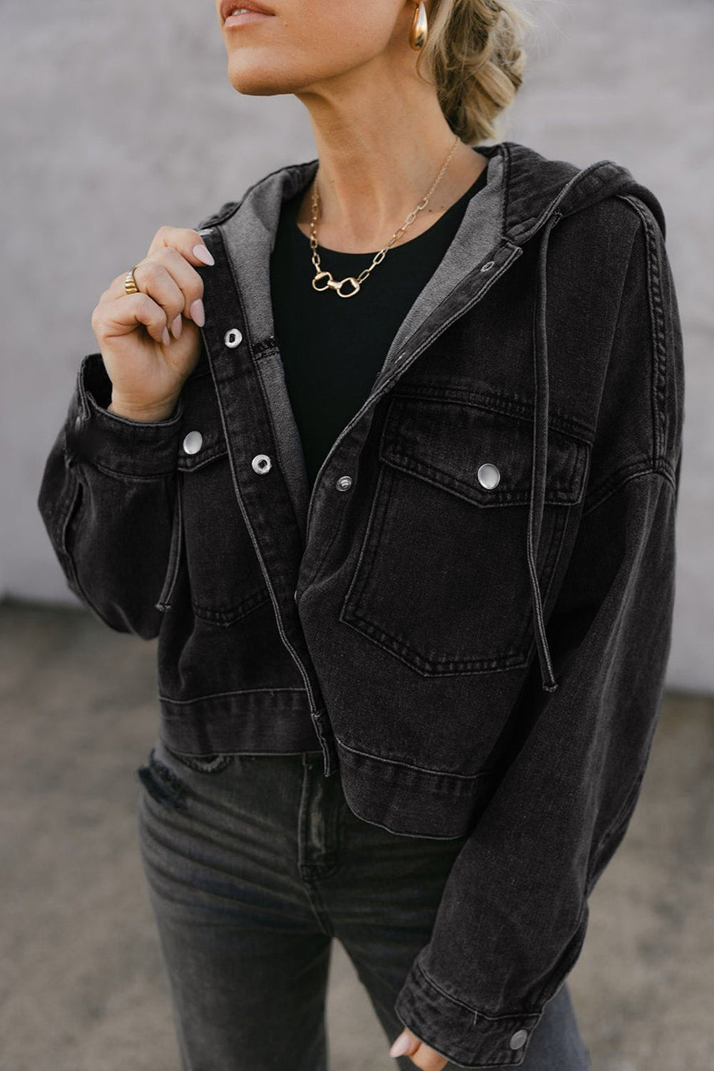 Black Big Chest Pocket Drop Shoulder Hooded Denim Jacket eAura