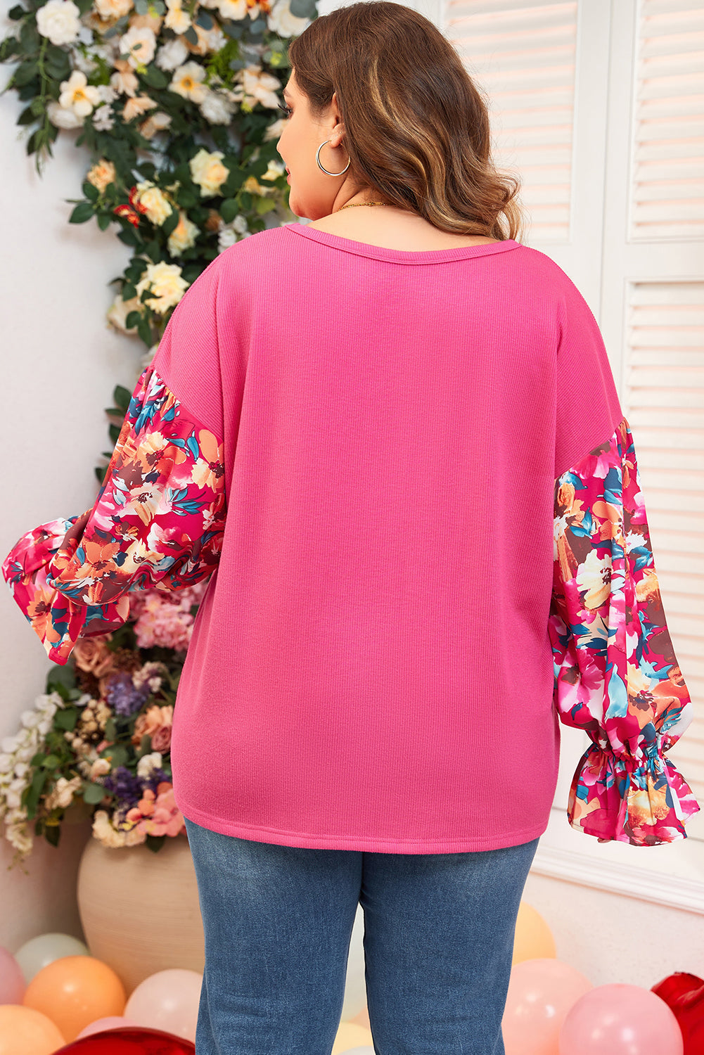 Bright Pink Floral Patchwork Flounce Sleeve Rib Knit Plus Top BB Fashion Outlet