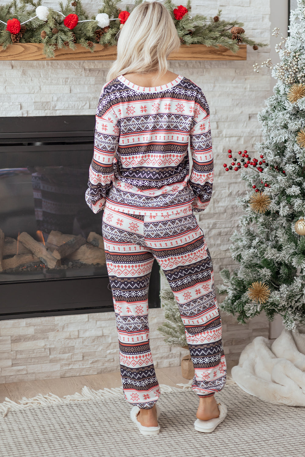 Retro Christmas Pattern Loose Pullover Pyjama Set - eAura