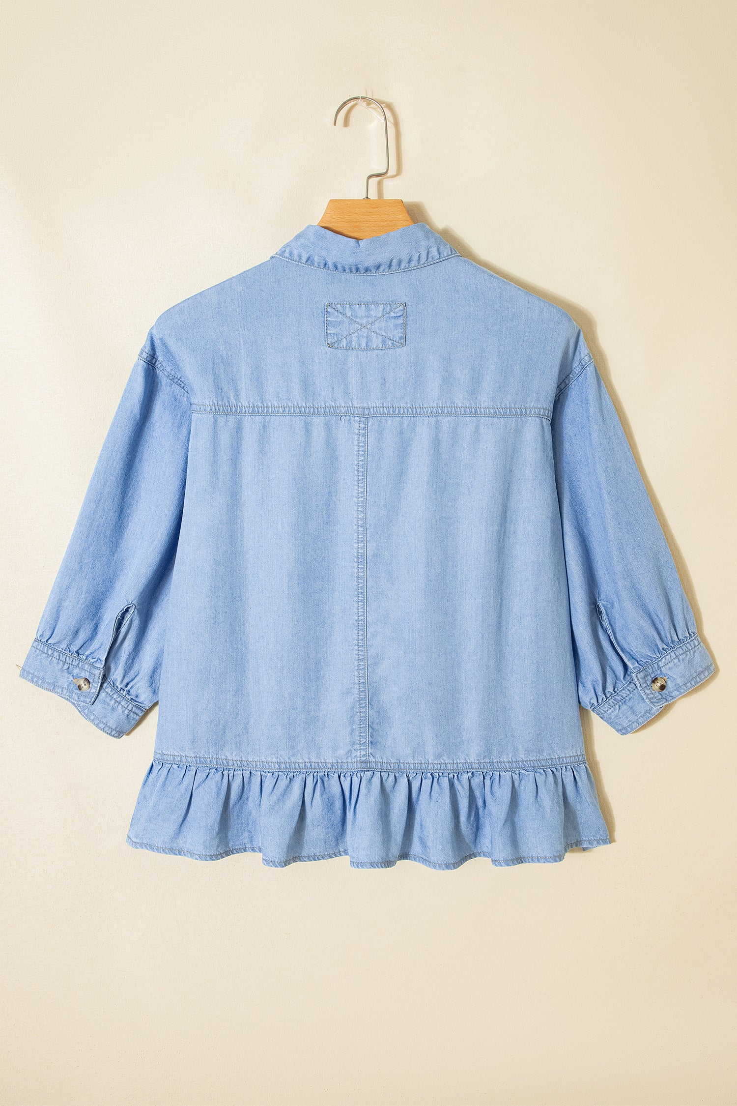 Half Sleeve Button Down Ruffled High Low Chambray Shirt