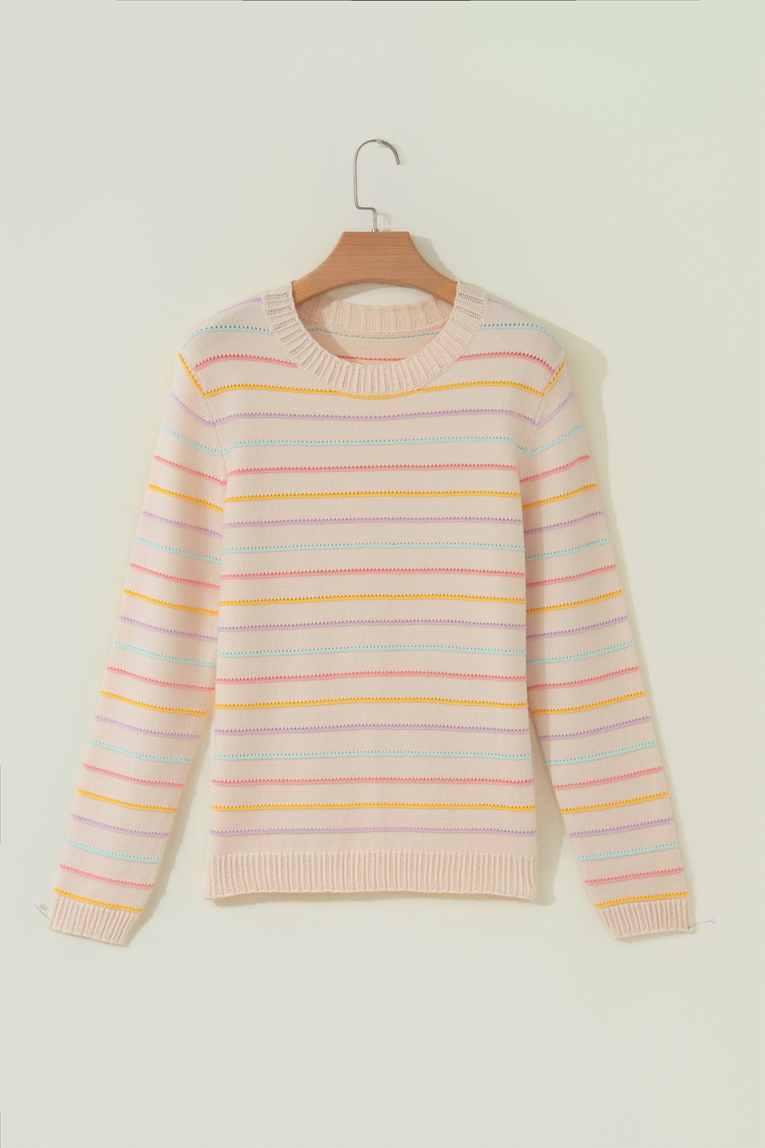 Colorful Stripes Crew Neck Knit Sweater – Beige Stripe