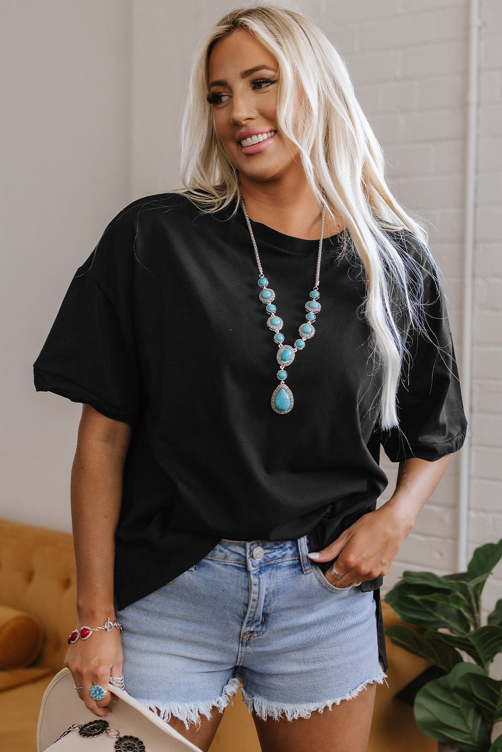 Black Loose Half Sleeve Hi Low Hem T Shirt eAura