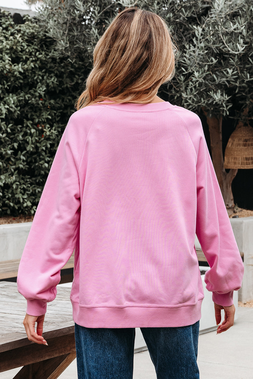 Pink Lace Patched Raglan Sleeve Loose Fit Sweatshirt - eAura