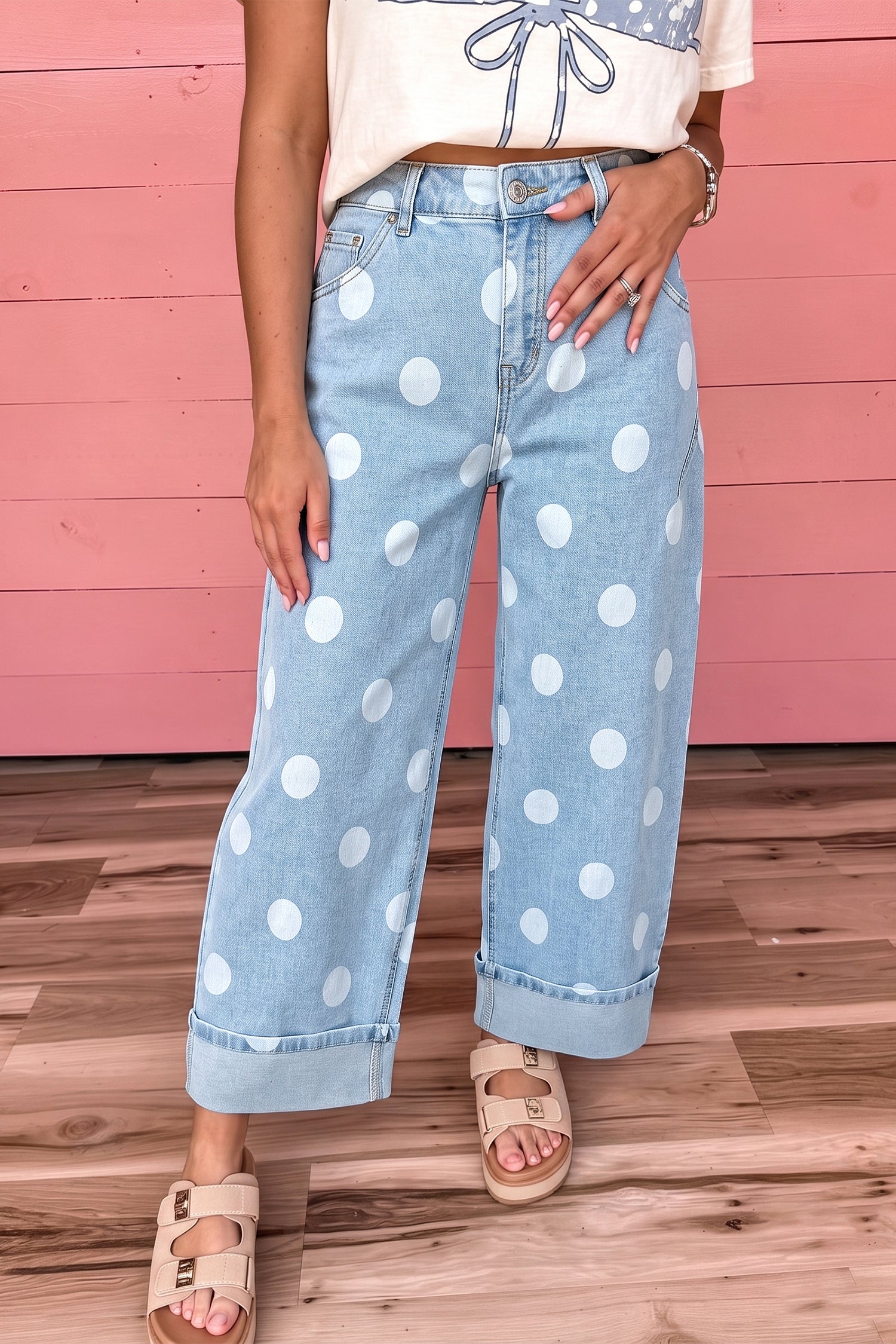 Polka Dot Ankle-Length Metal Button Casual Jeans – Brown