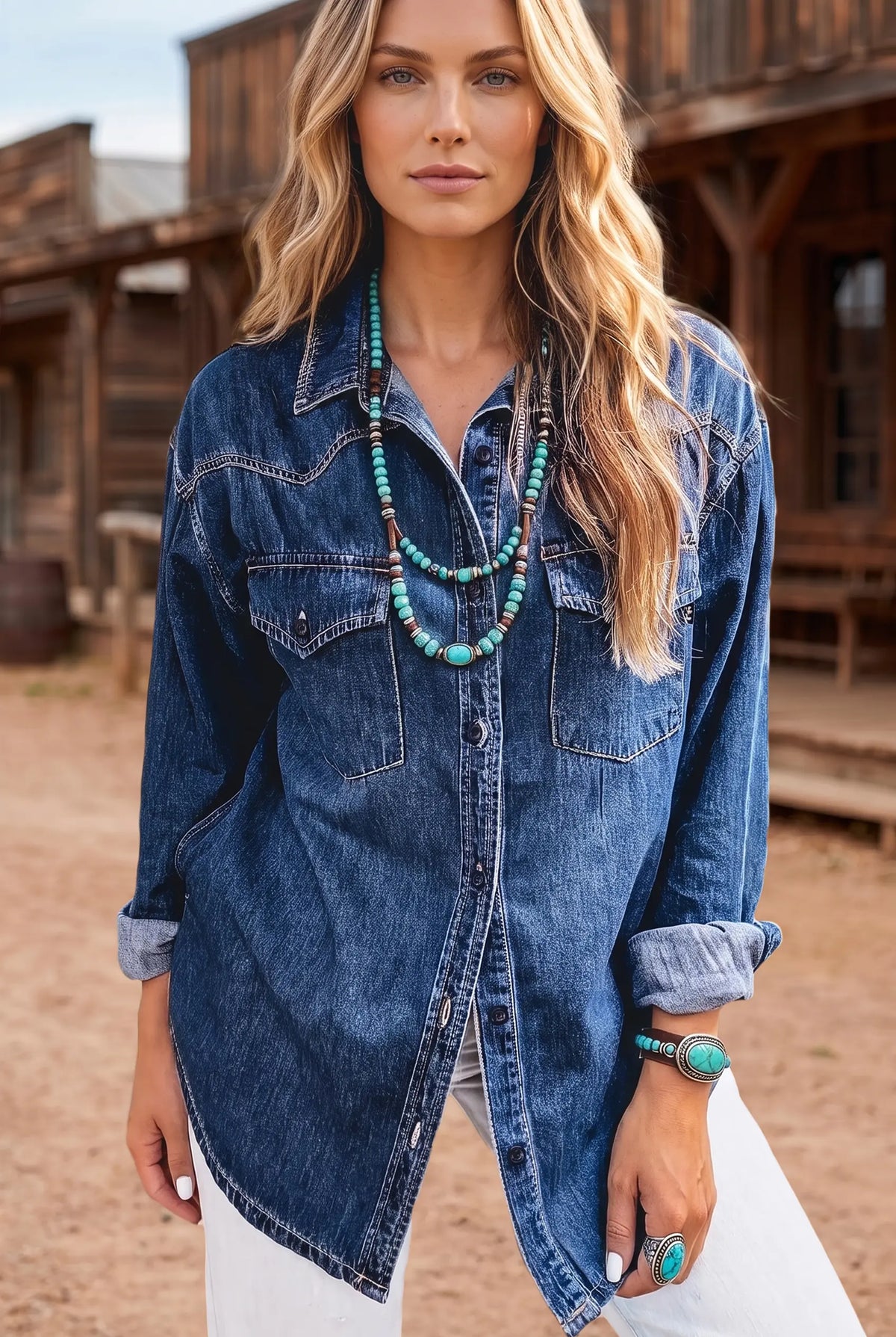 Western Patch Pockets Tunic Length Long Sleeve Denim Shirt – Sail Blue