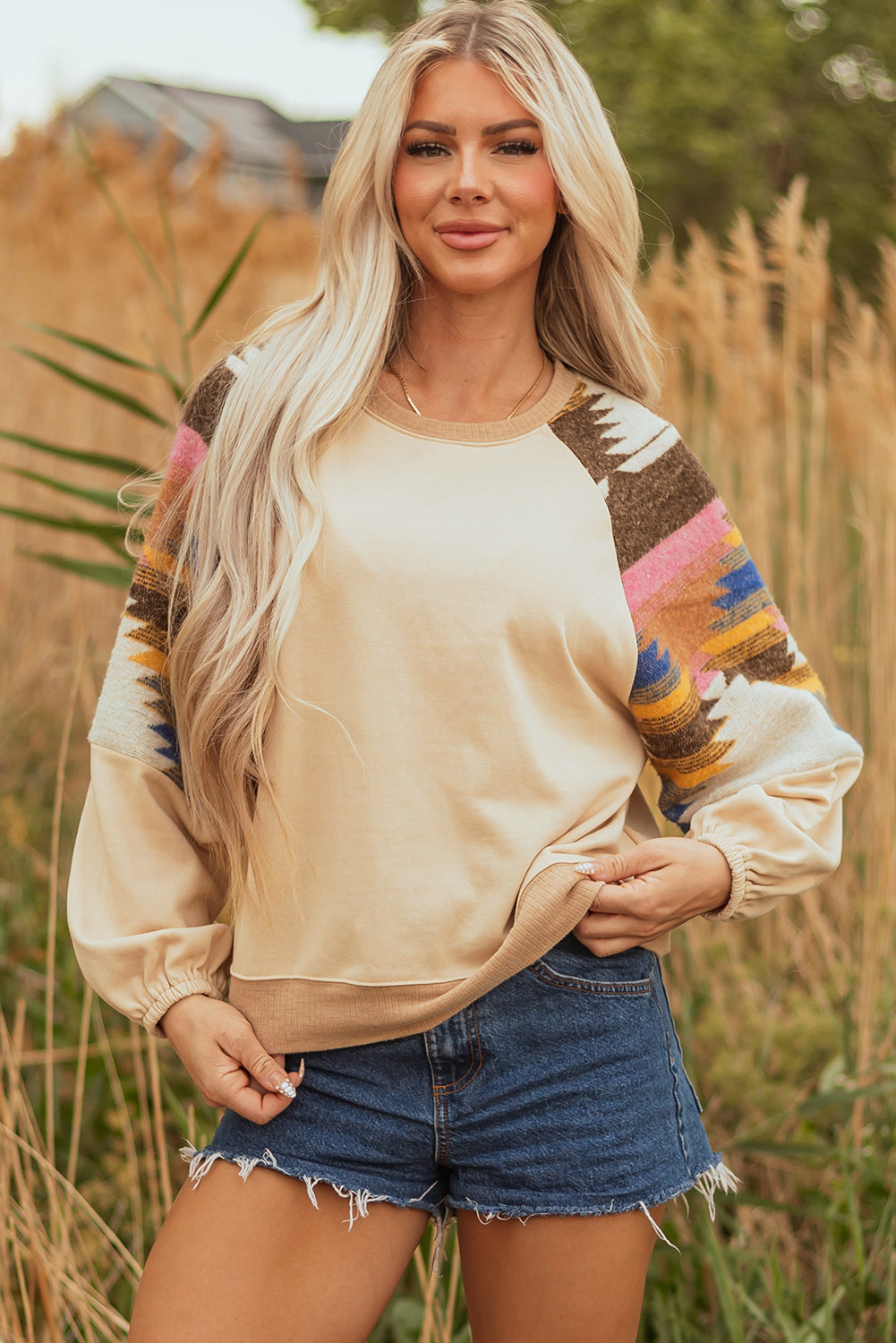 Aztec Patchwork Raglan Pullover Sweatshirt - eAura