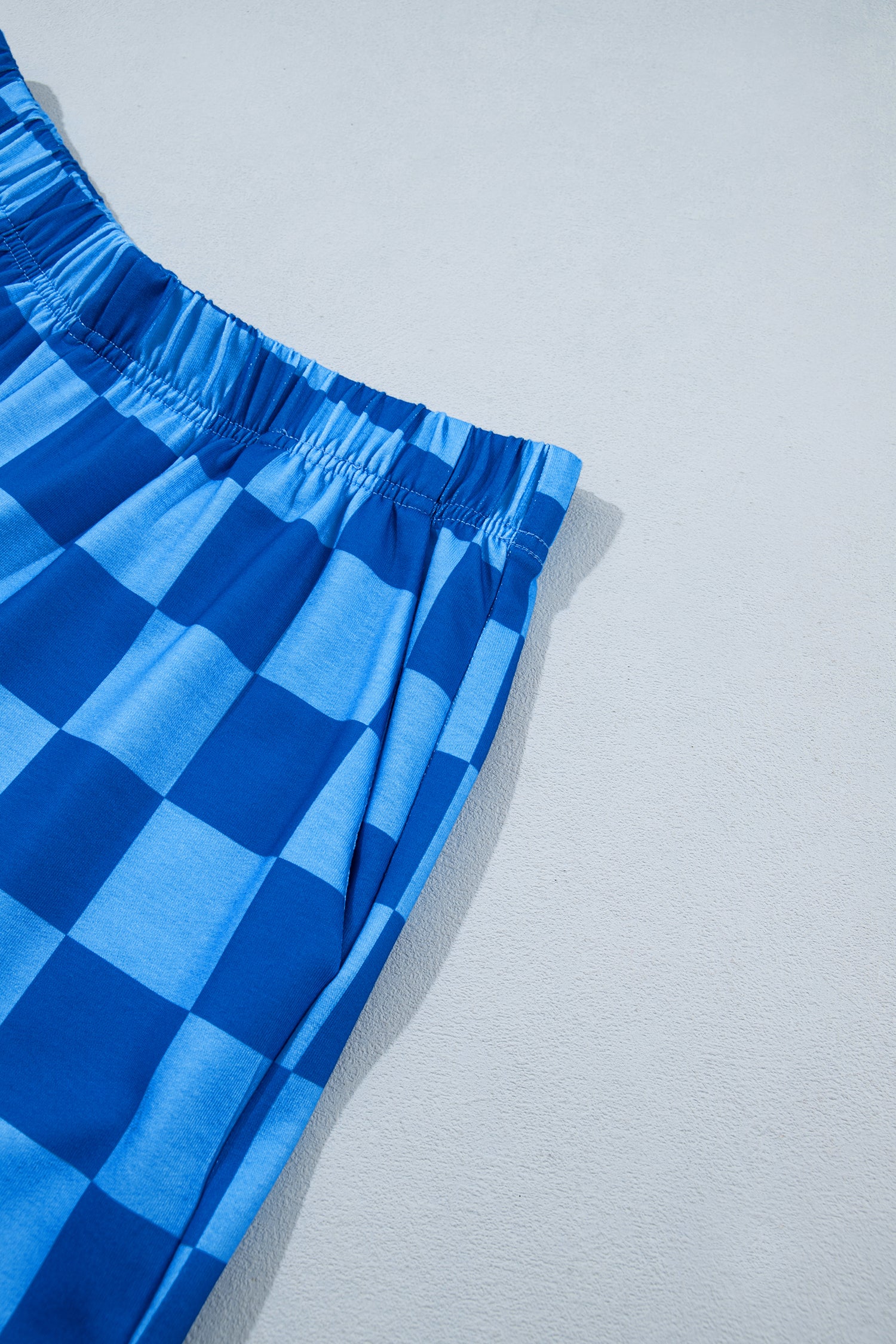 Plaid Checkered Long Sleeve Crop Top Elastic Waist Shorts Two Piece Set – Dark Blue