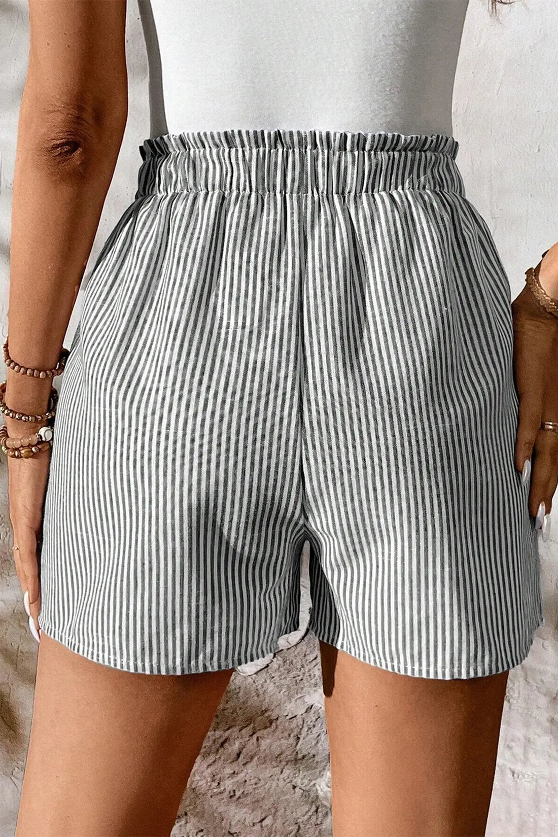 Grey Stripe Lace-Up Shorts with Pockets
