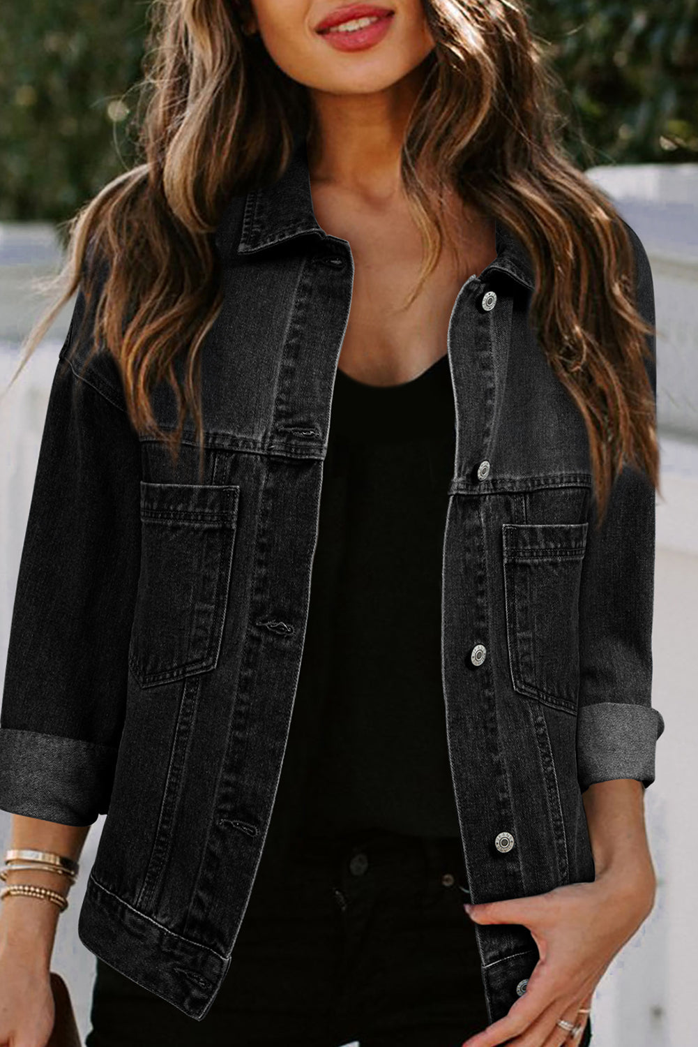 Black Washed Oversize Pocketed Denim Jacket eAura
