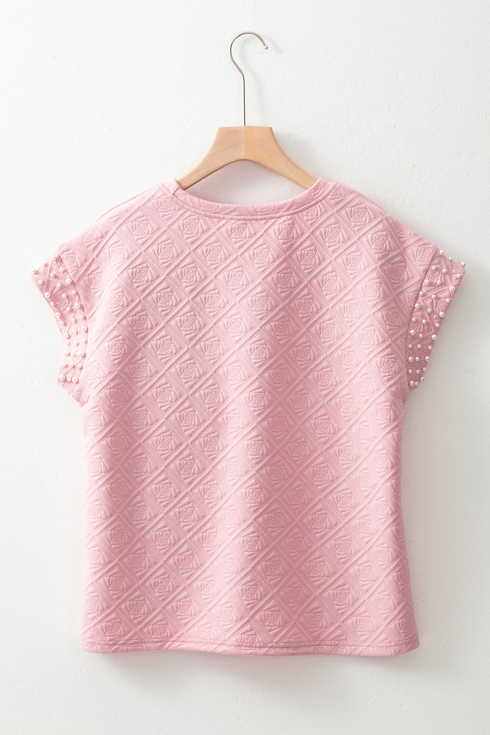 Light Pink Pearl Embellished Flower Textured T Shirt eAura