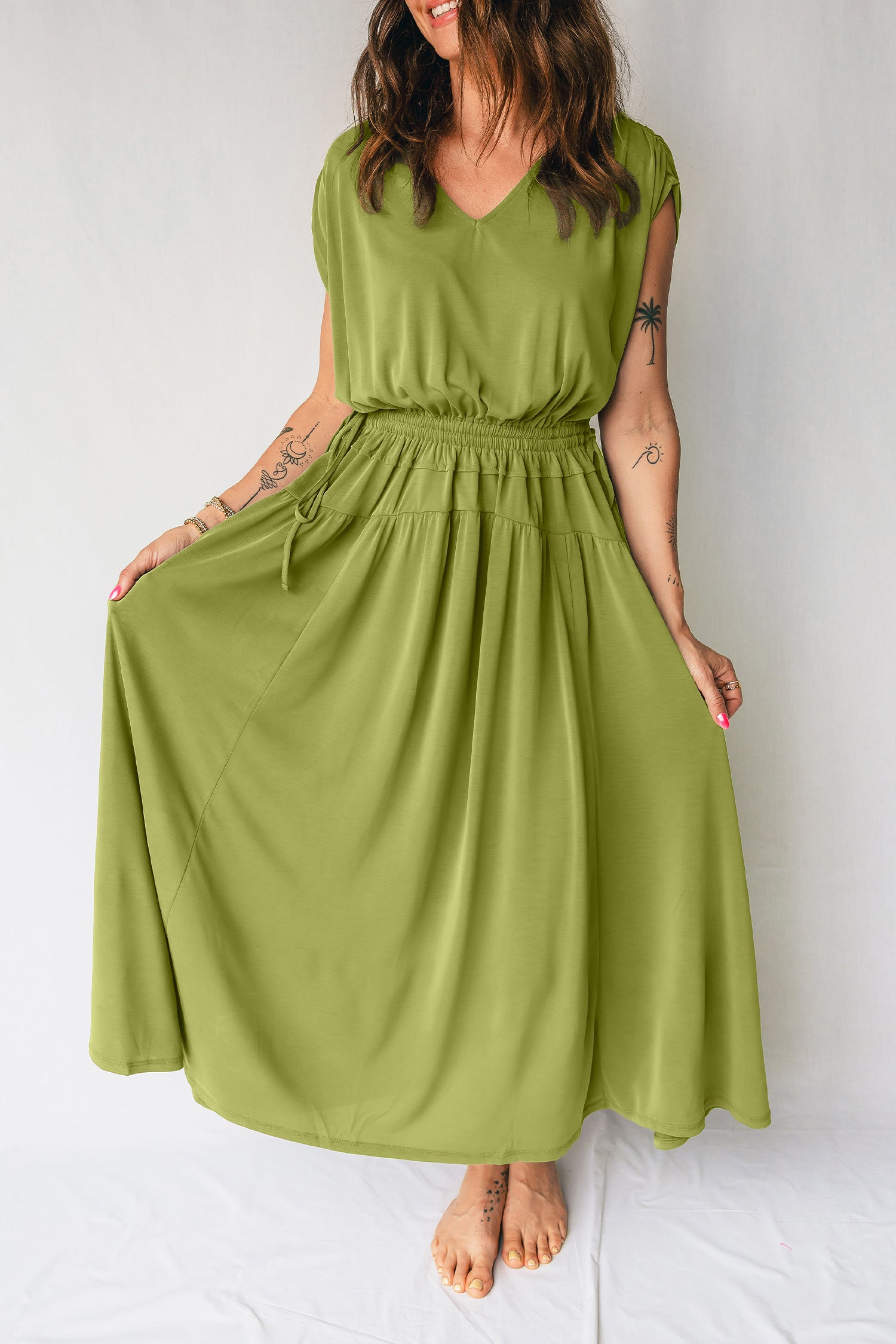 V-Neck Cap Sleeve Tunic Elastic Waist Versatile Maxi Dress