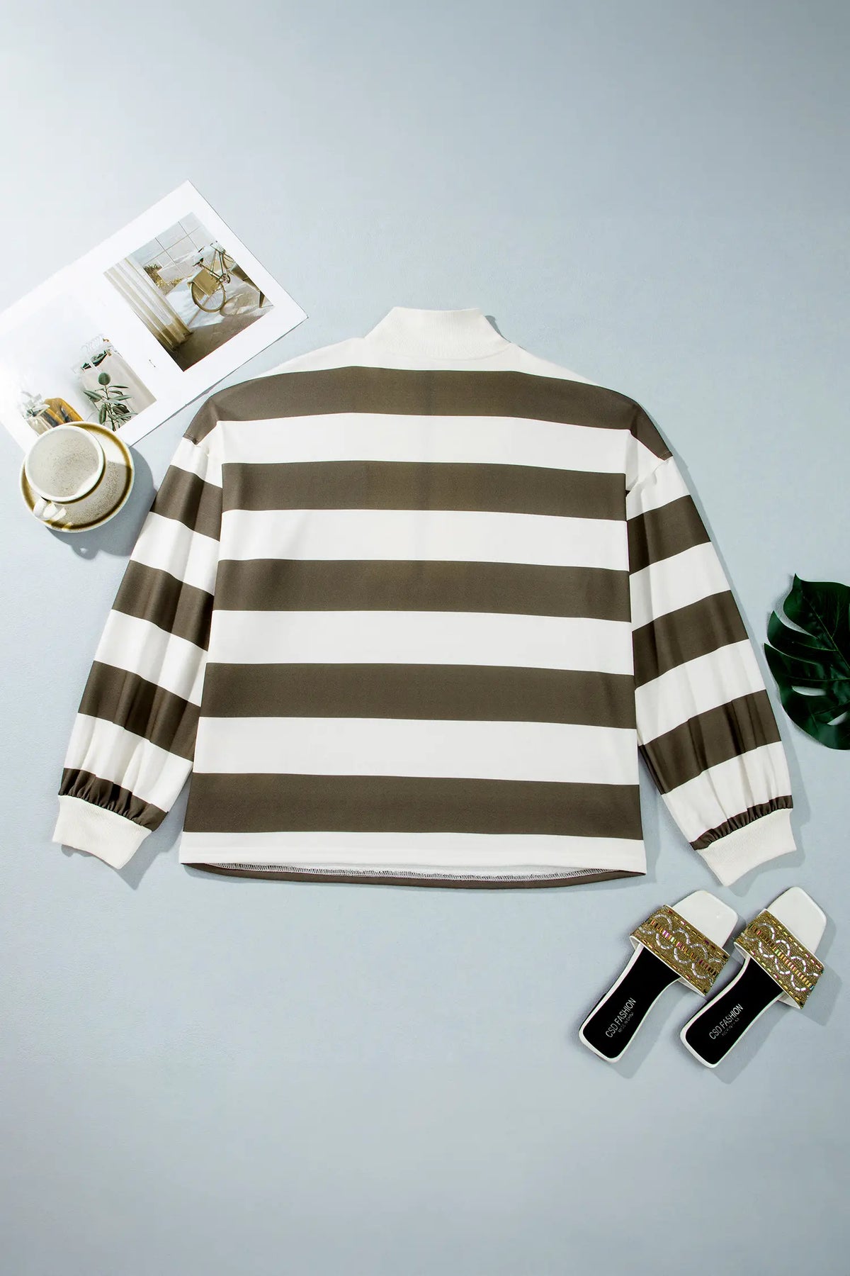 Plus Size Half Zipped Casual Sweatshirt – Green Stripe