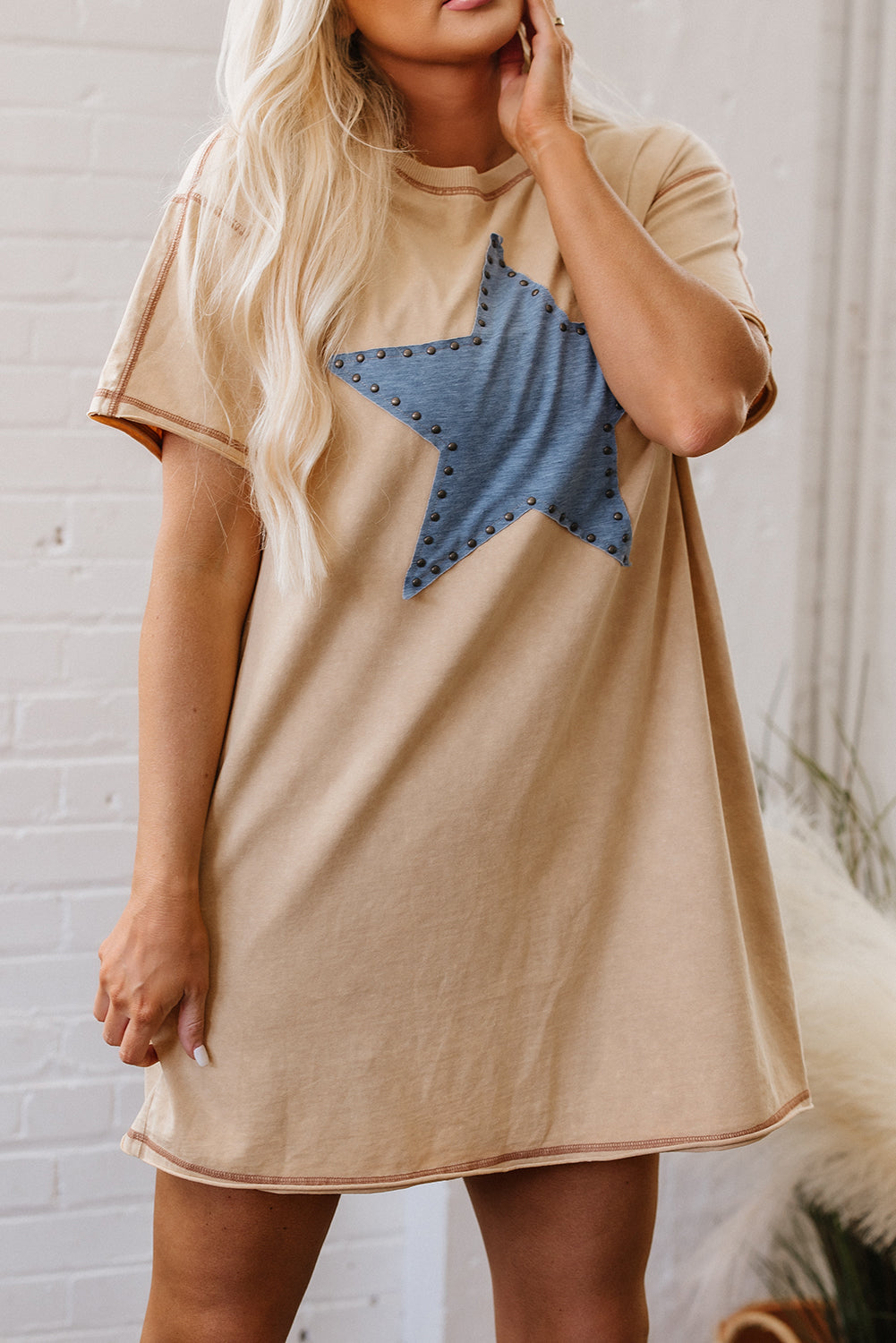 Pale Khaki Mineral Wash Stud Beaded Star Graphic Pocketed T Shirt Dress eAura