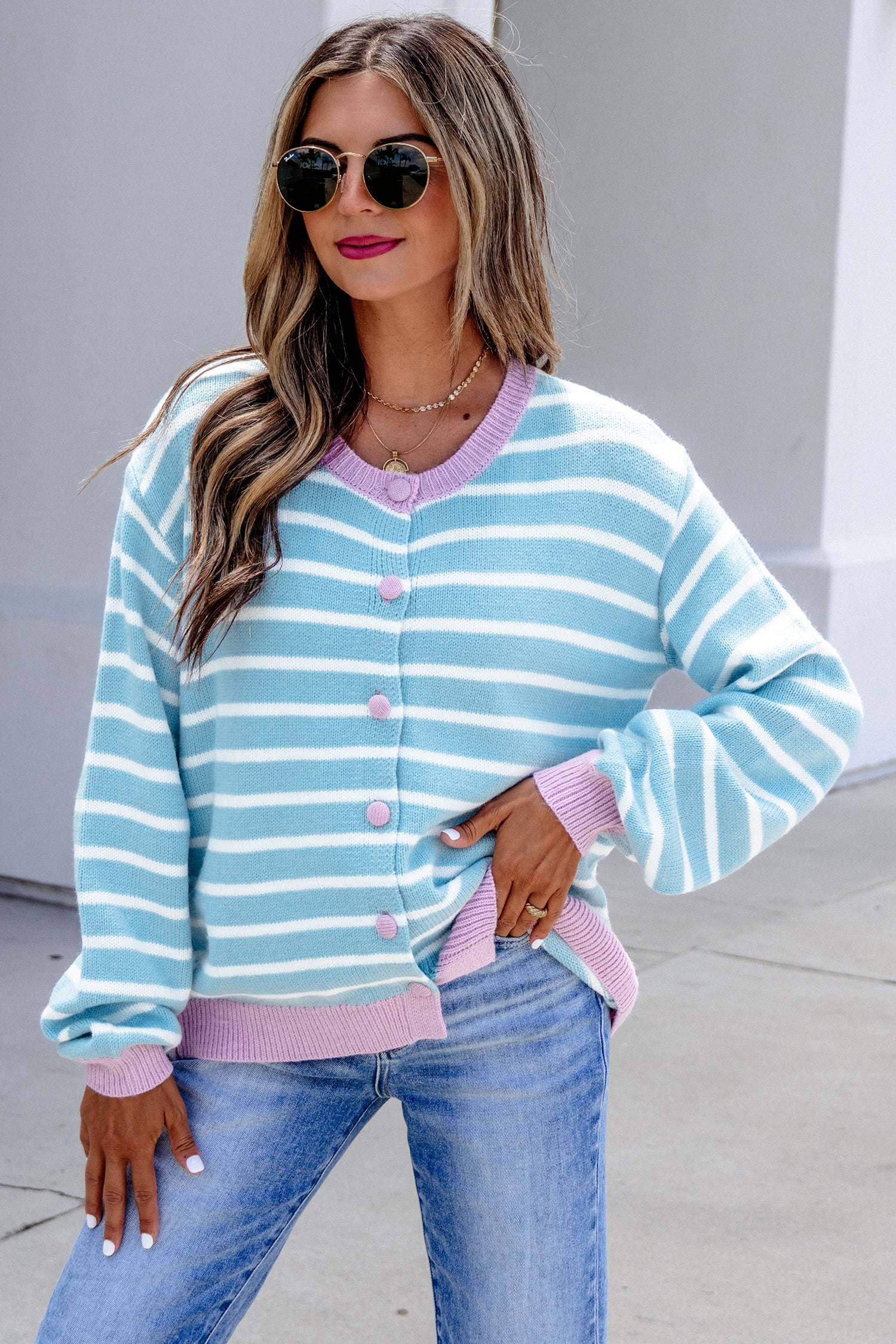 Contrast Trim Button Down Casual Sweater Cardigan – Sky Blue Stripe
