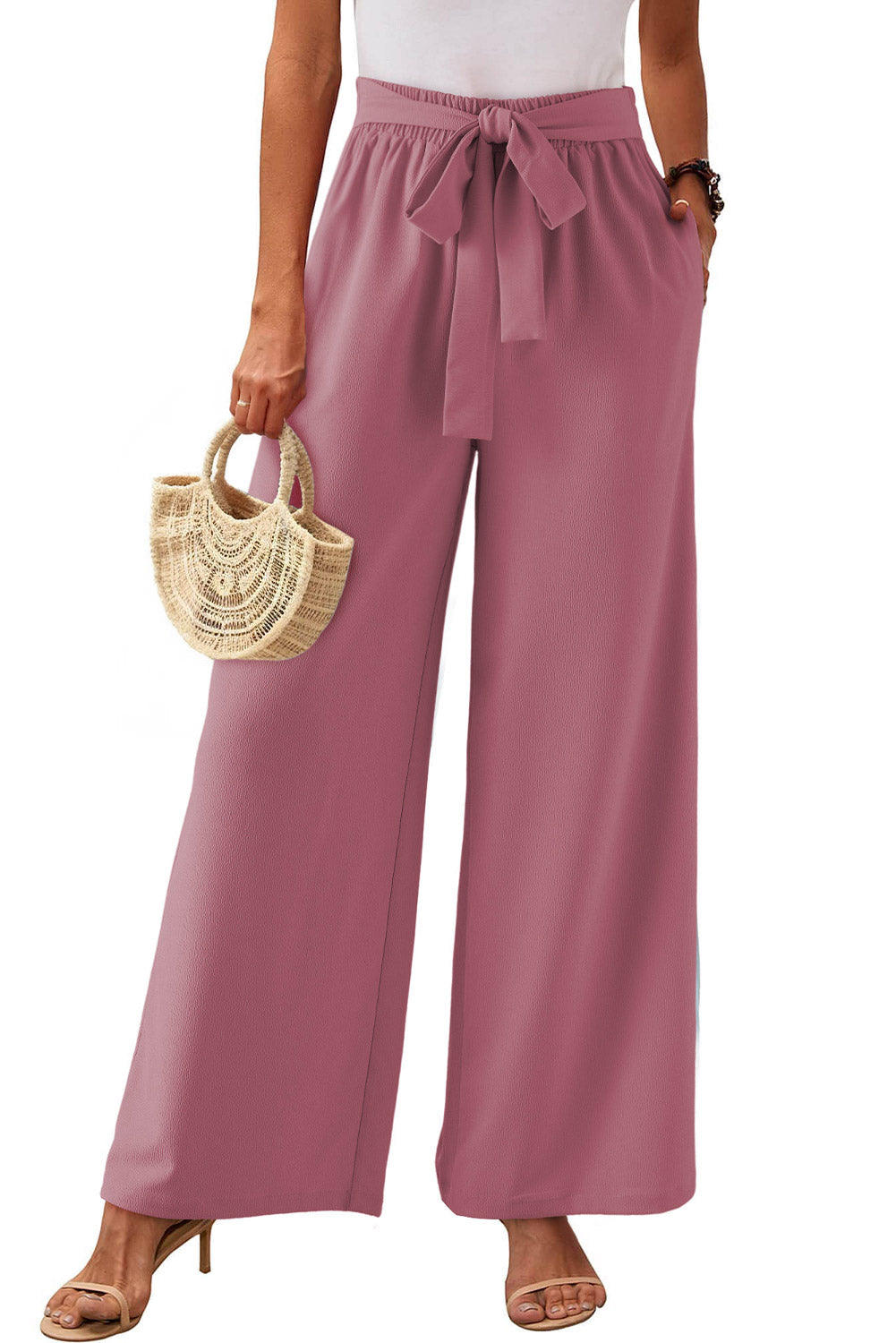 Coffee High Waisted Tie Front Side Pocket Wide Leg Flowy Casual Pants Dear-Lover Dropshipping