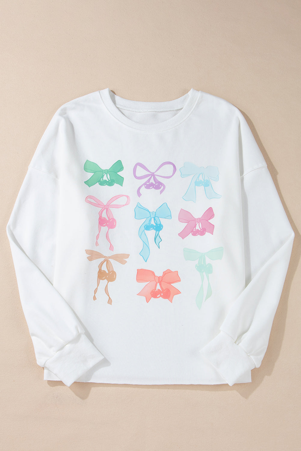 White Bowknot Pattern Drop Shoulder Loose Sweatshirt eAura