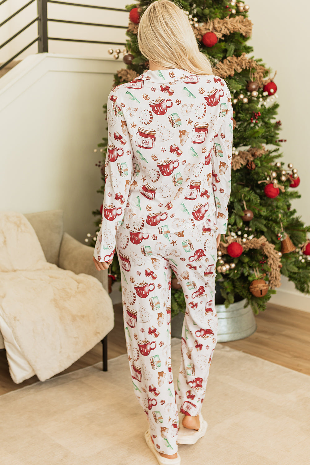 White Christmas Pattern Long Sleeve Shirt Pyjama Set eAura