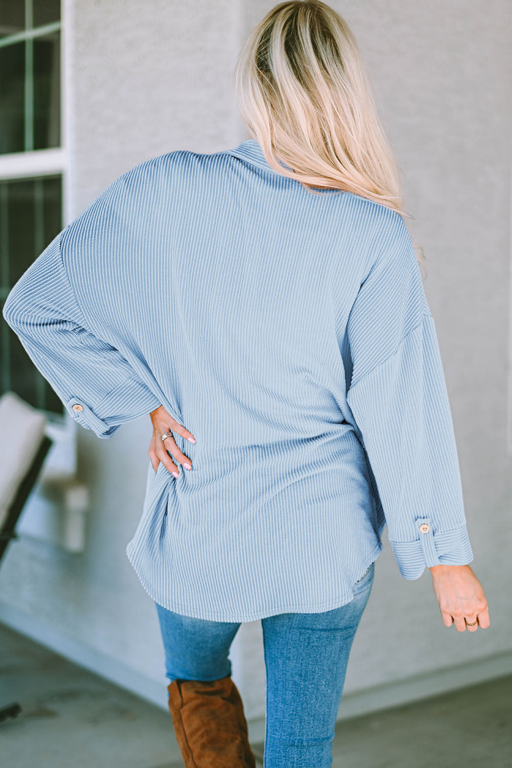 Pink Roll Tab Sleeve Ribbed Cording Shacket eAura