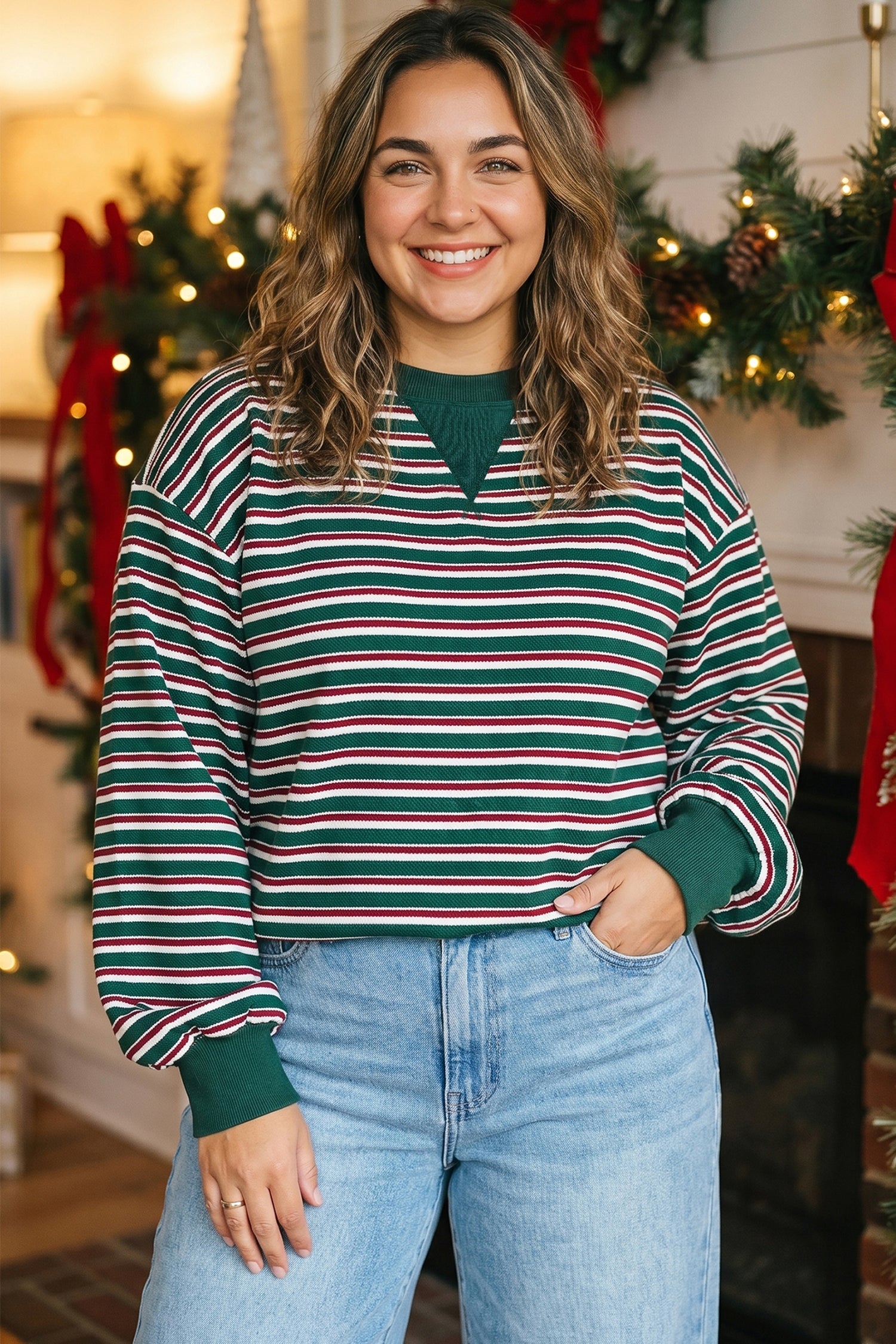 Striped Colorblock Round Neck Long Sleeve Shift Plus Size Sweatshirt – Green Stripe