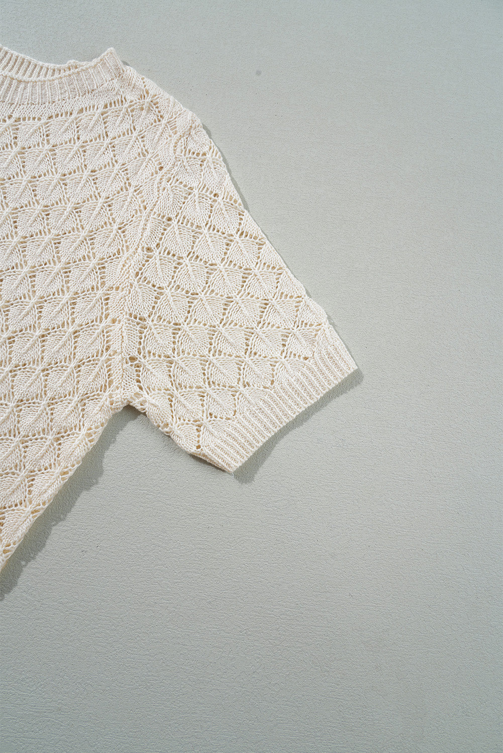 Beige Hollow Out Crochet O Neck Short Sleeve Sweater Tee eAura