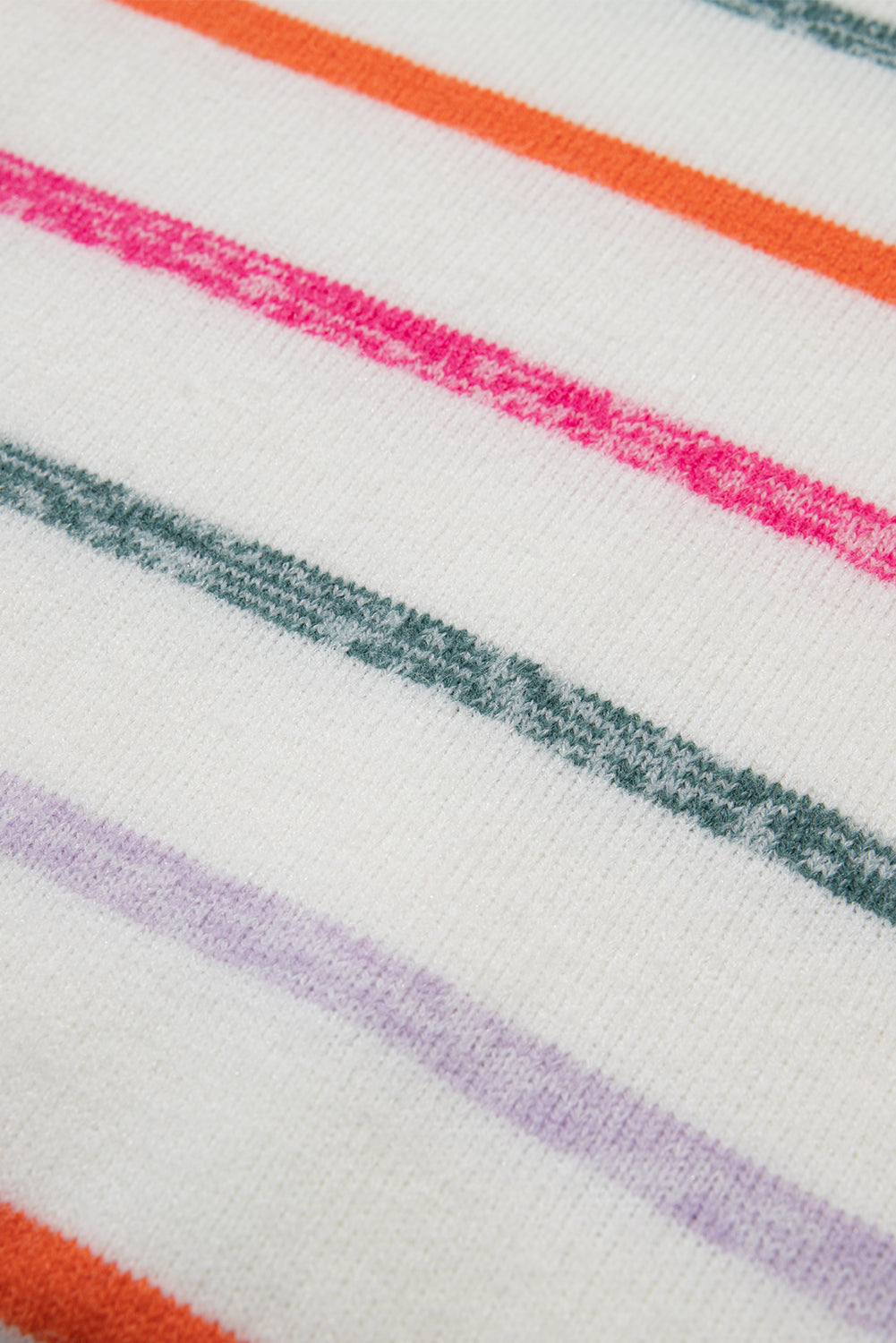 White Colourful Striped Ribbed Trim Sweater eAura