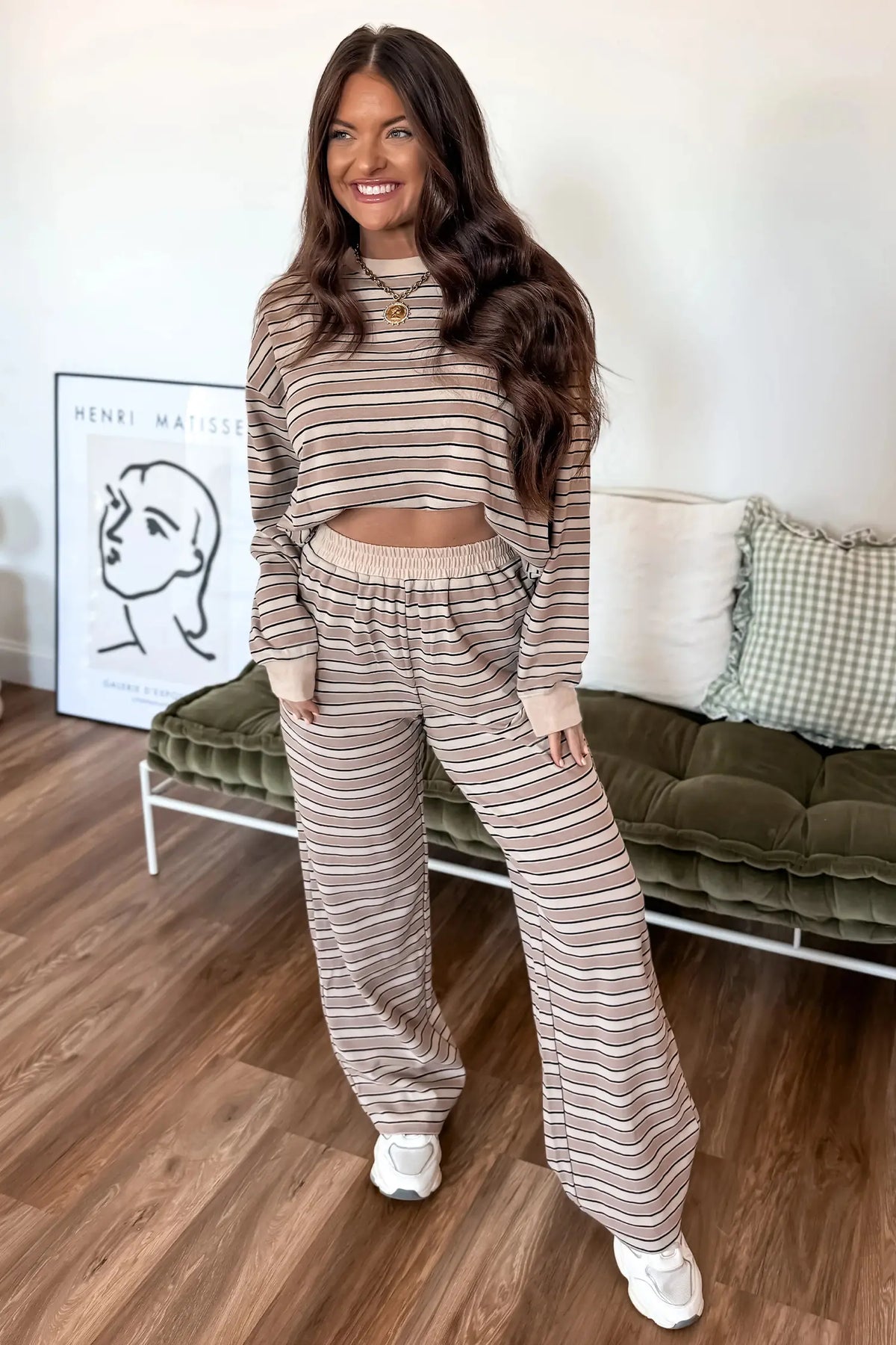 Khaki Stripe Contrast Trim Long Sleeve Top Elastic Waist Pants Set