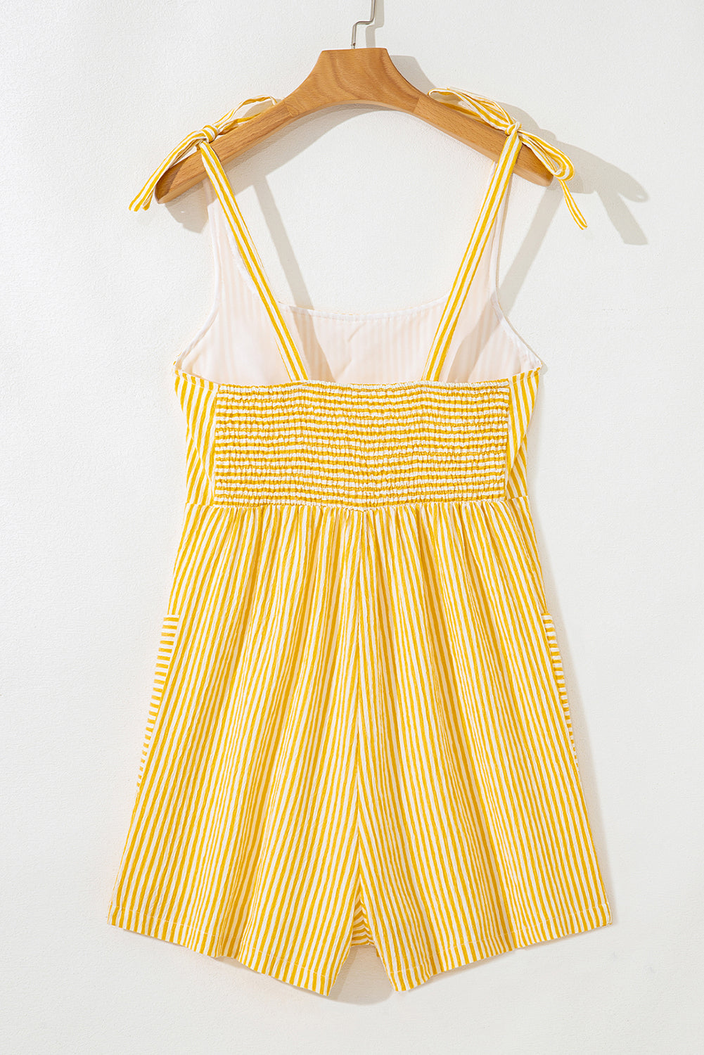 Yellow Stripe Shoulder Tie Smocked Back Wide Leg Casual Romper Dear-Lover Dropshipping