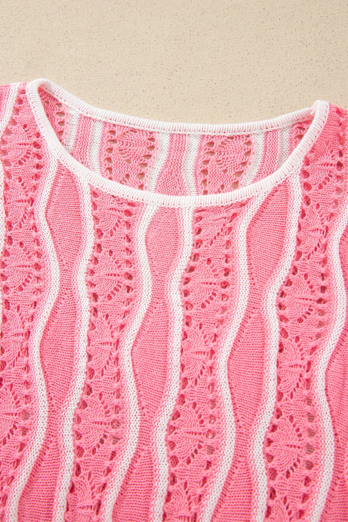 Wavy Detail Hollow Out Knit Long Sleeve Cotton Pullover Sweater – Pink