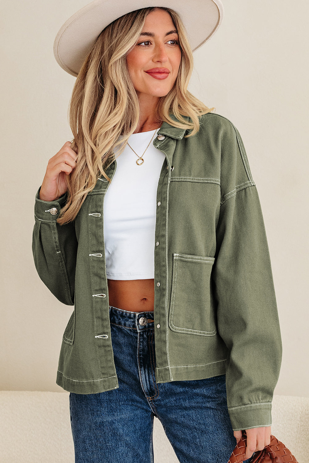 Patched Pocket Collared Button Front Boyfriend Denim Jacket - eAura