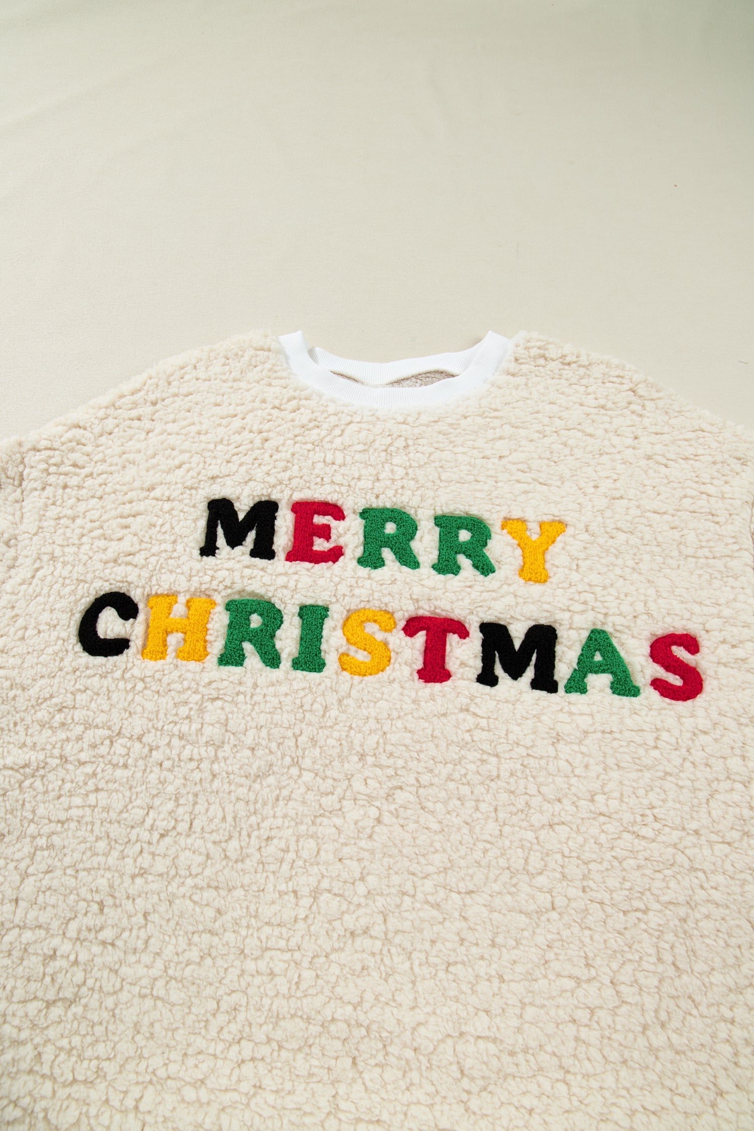 MERRY CHRISTMAS Multicoloured Embroidered Sherpa Pullover Sweatshirt - eAura