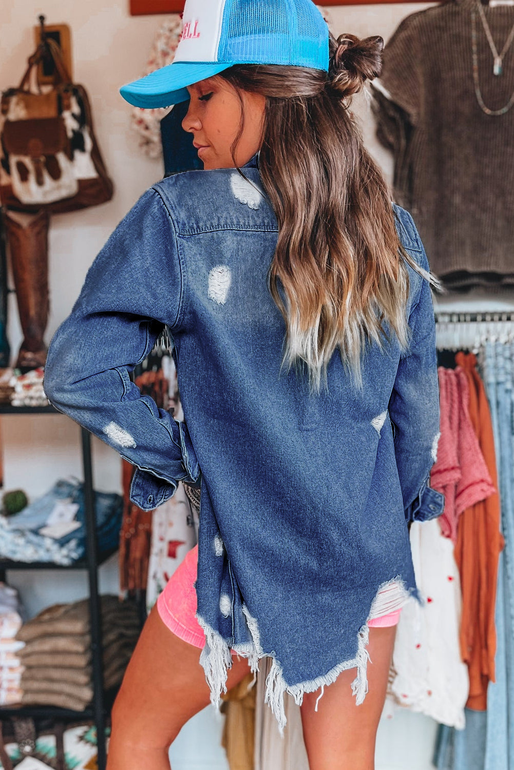 Sky Blue Light Wash Distressed Frayed Long Denim Jacket Beagle Boutique Fashion Outlet