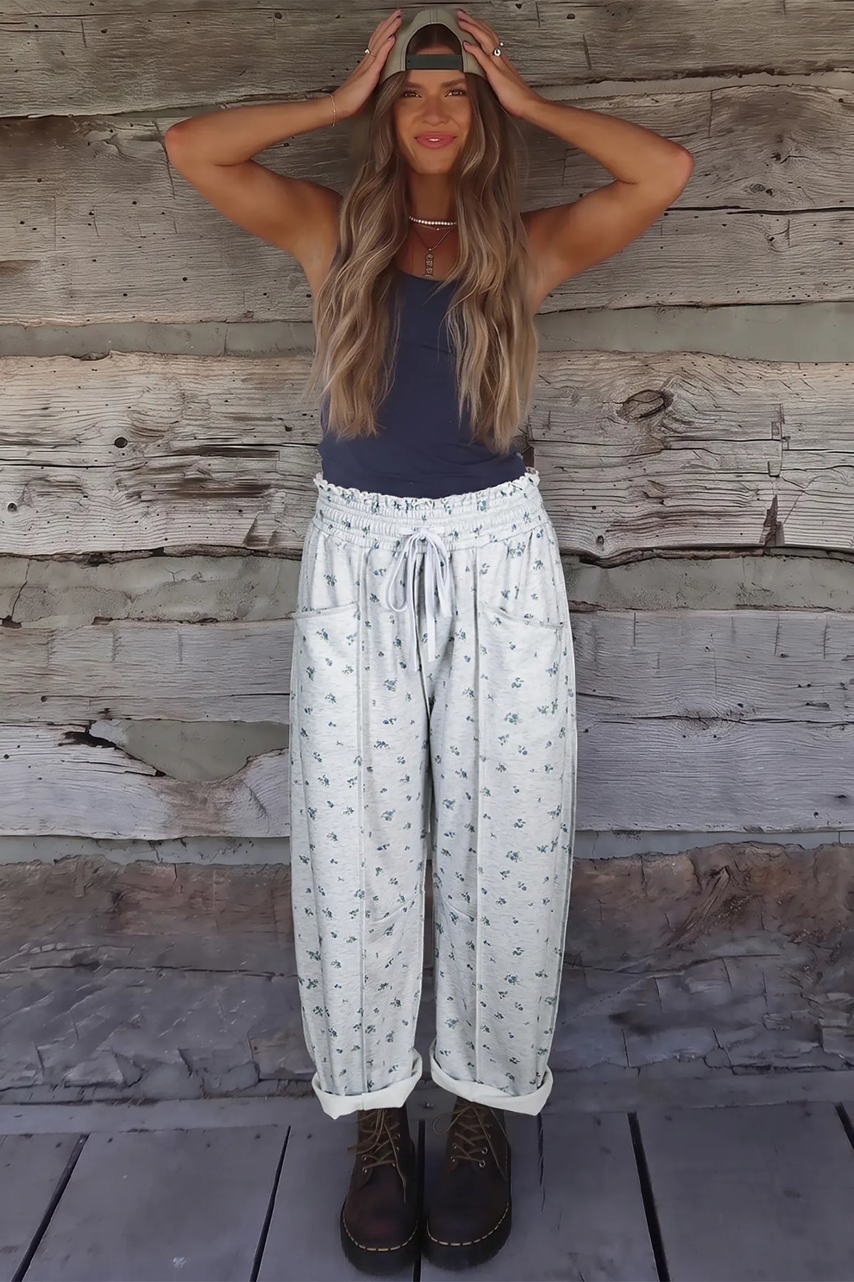 Floral Print Elastic Waist Regular Fit Pants – Grey