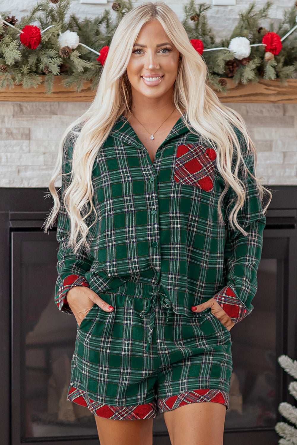 Plaid Contrast Christmas Holiday Long Sleeve Shirt and Shorts Pyjamas - eAura