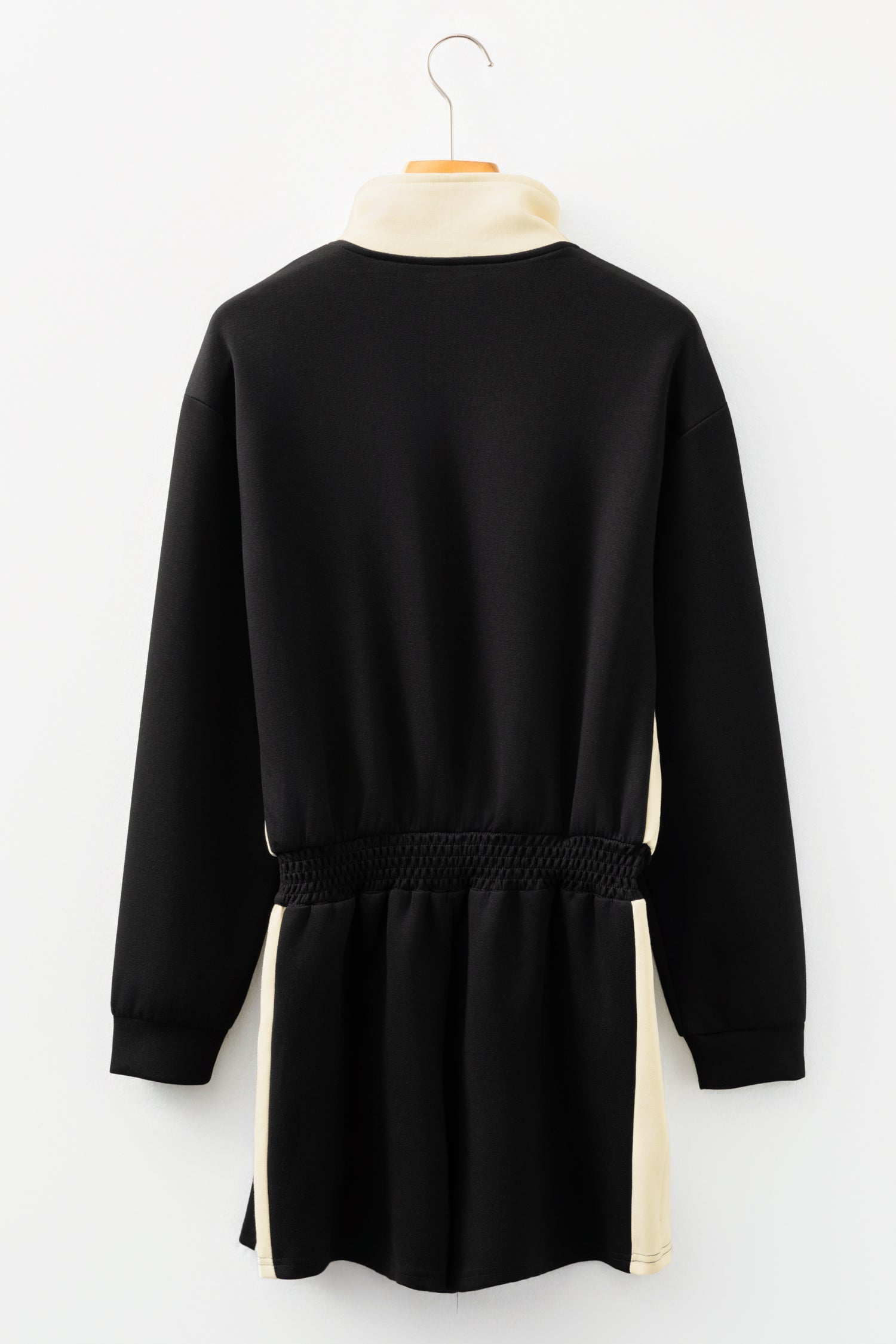 Black Two-tone Long Sleeve Zipped Front Casual Romper - eAura