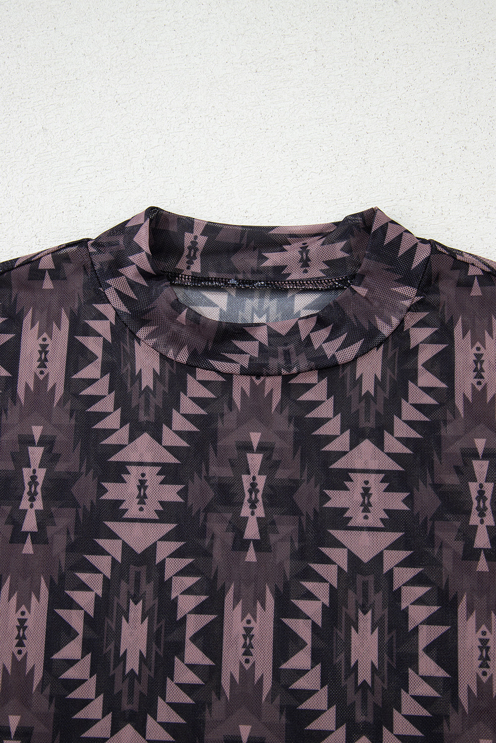 Aztec Print Mock Neck Short Sleeve Mesh T Shirt eAura